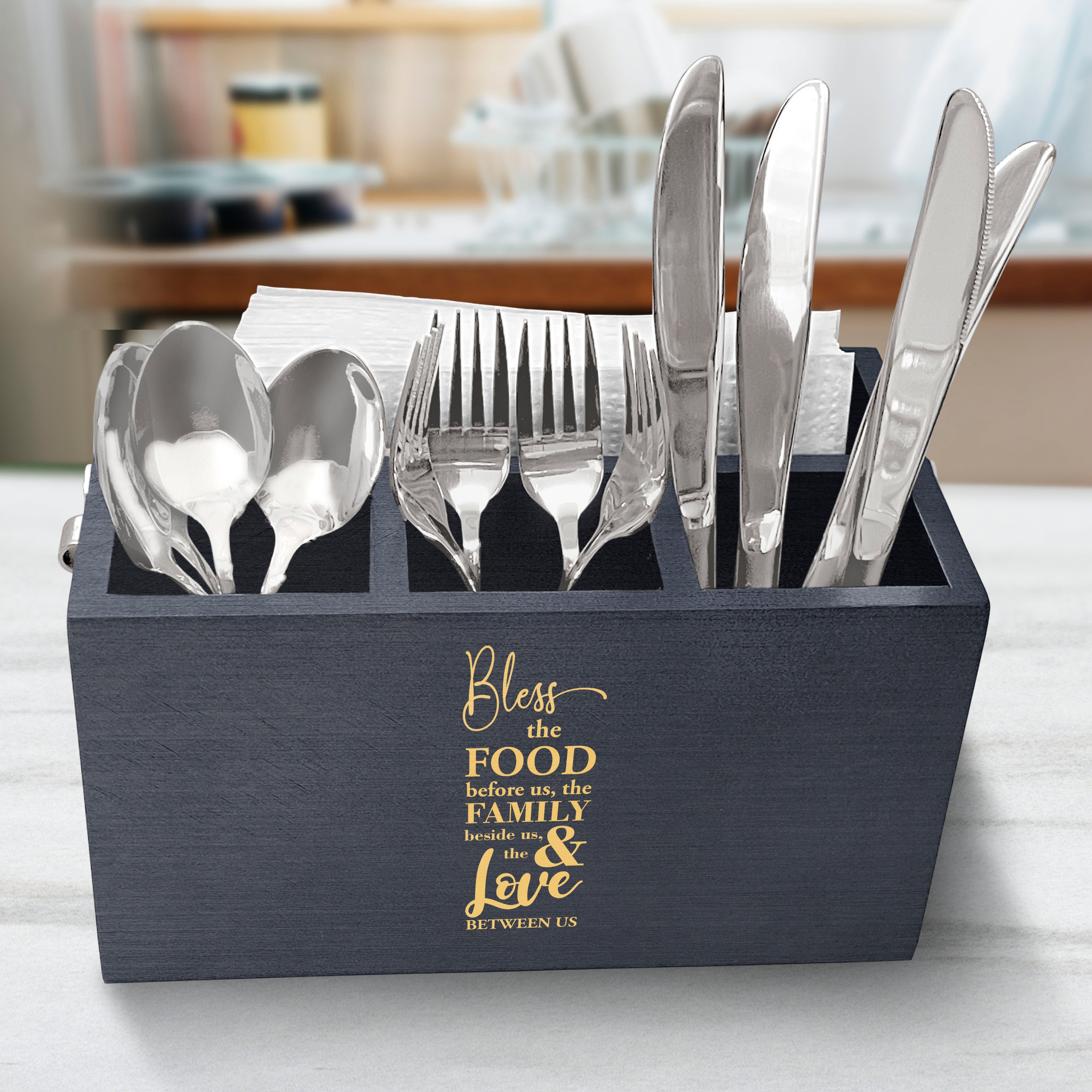 Elegant Engraved Family Quote Wooden Utensil Organizer, Kitchen Utensil Holder, Spoons Knives Forks Organizer For Dining Table & Kitchen, Utensil Organizer