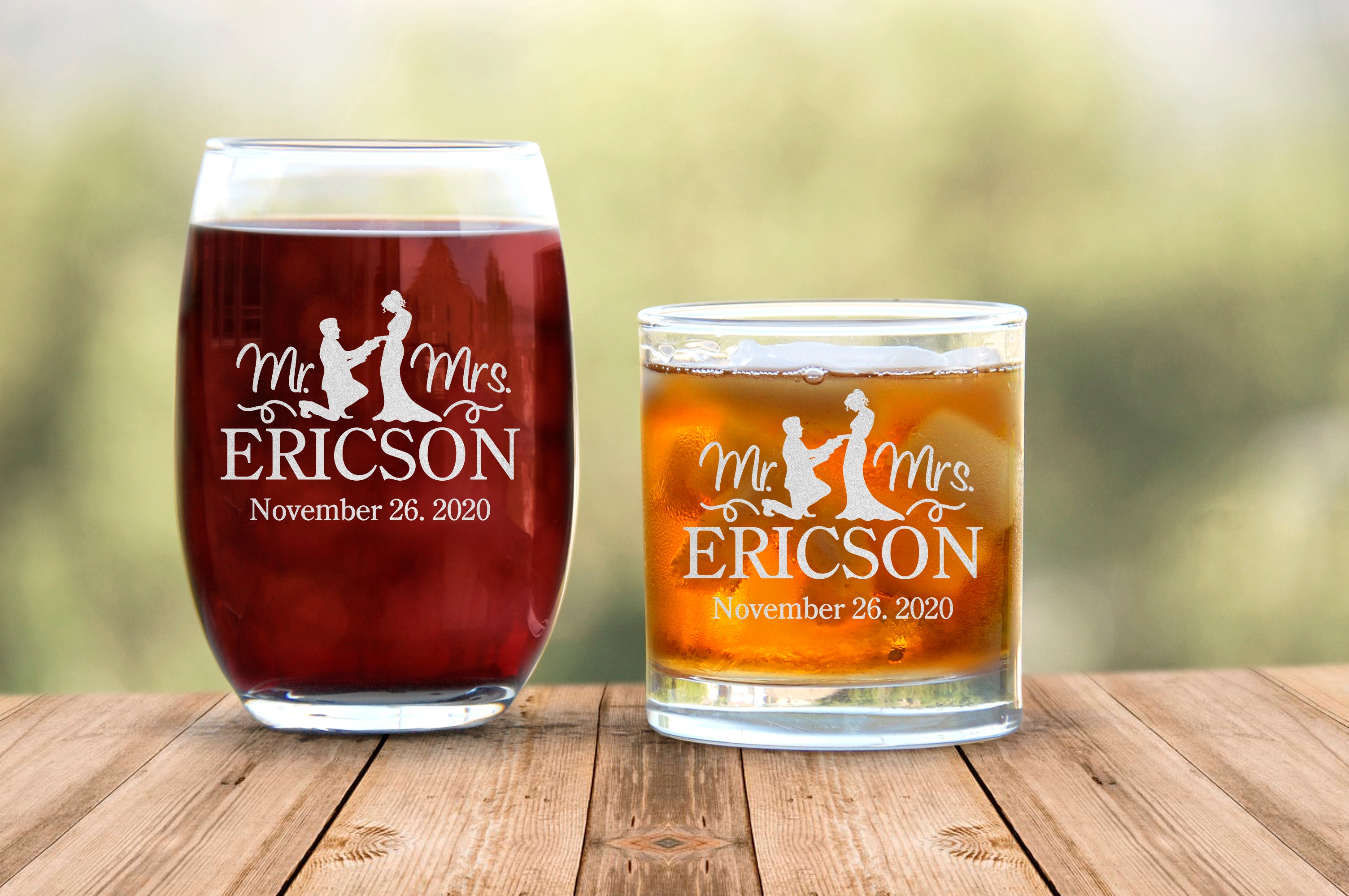 Mr And Mrs Couple Proposal Image Engraved With Initial Glassware, Wine And Scotch Custom Glasses Set Of 2, Gift For Couples, Engraved Glasses With Custom Text