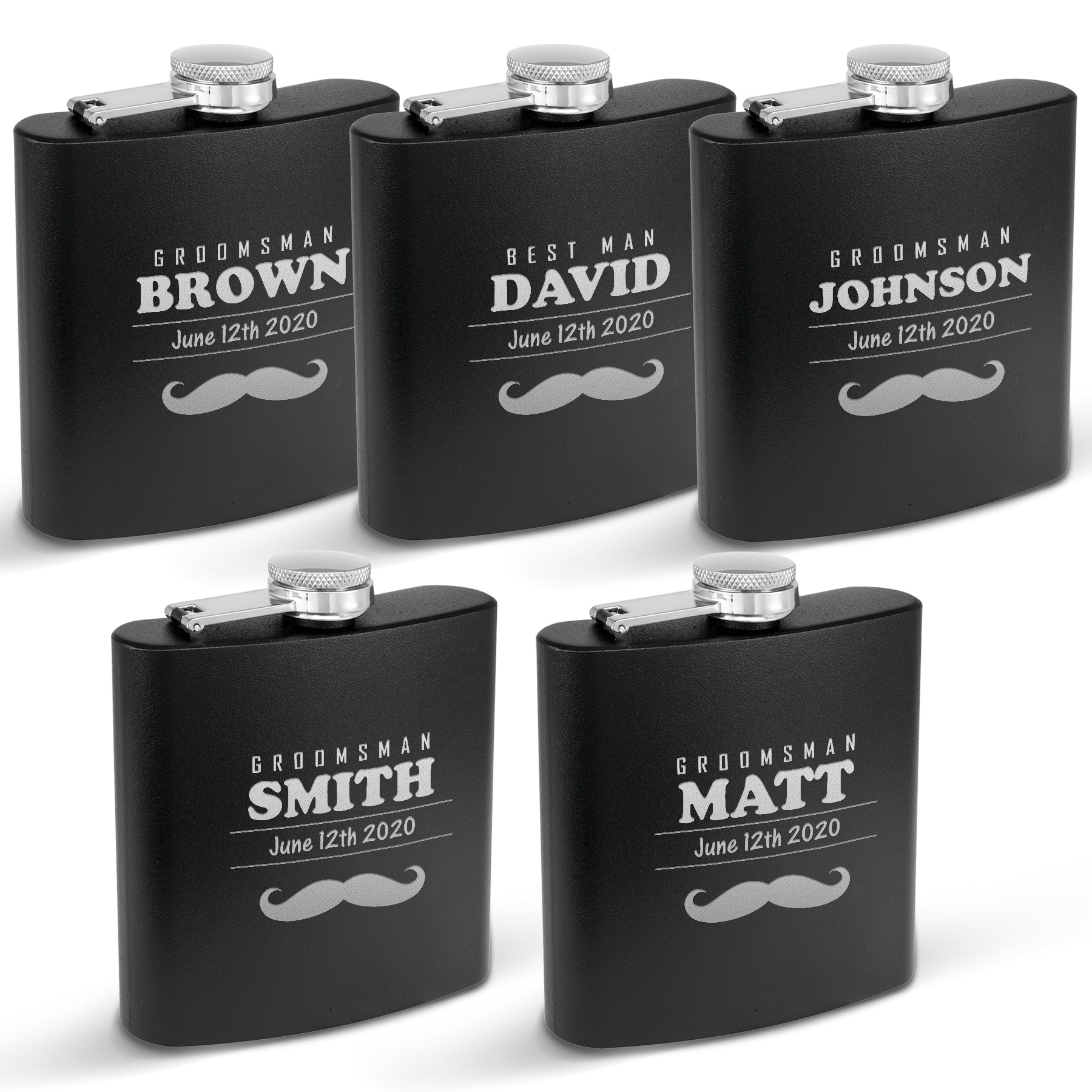 Krezy Case Set of 5 Customized Black Matte Flasks - Groomsmen Gift - Personalized Engraved -Wedding Gift Custom engraved flask