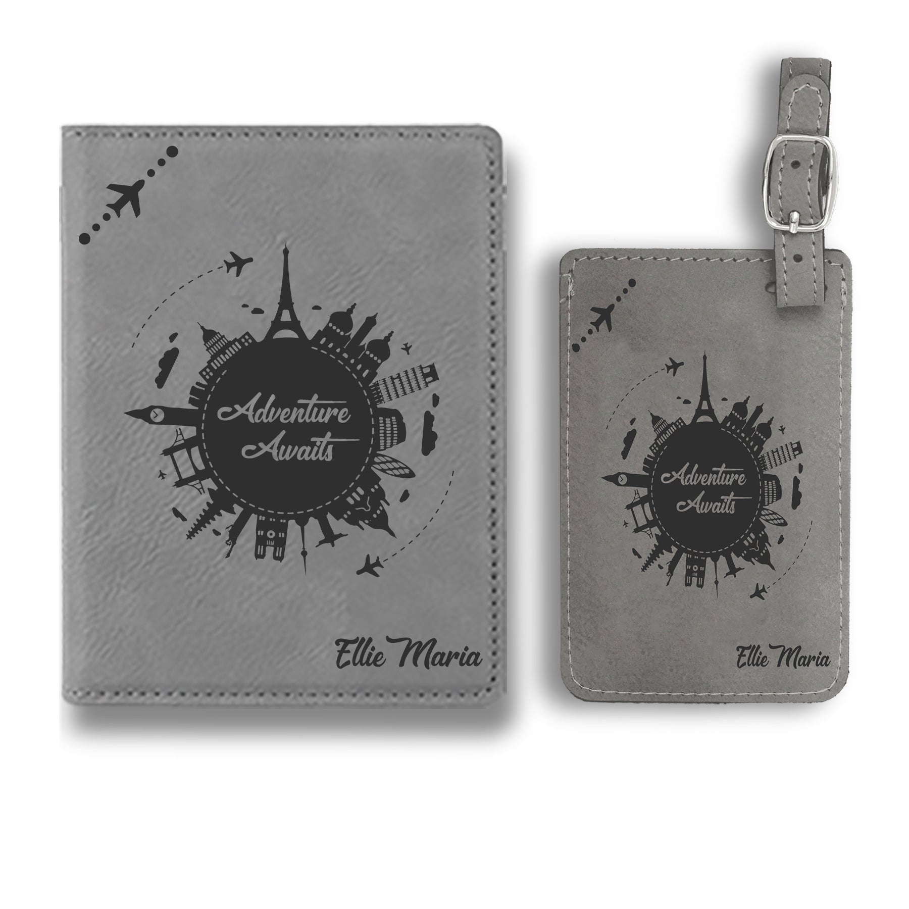 Personalized Passport Cover Set, Engraved Leatherette Passport Set For Men and Women, Custom Travel Passport Case, Adventure Awaits Customized Passport Cover