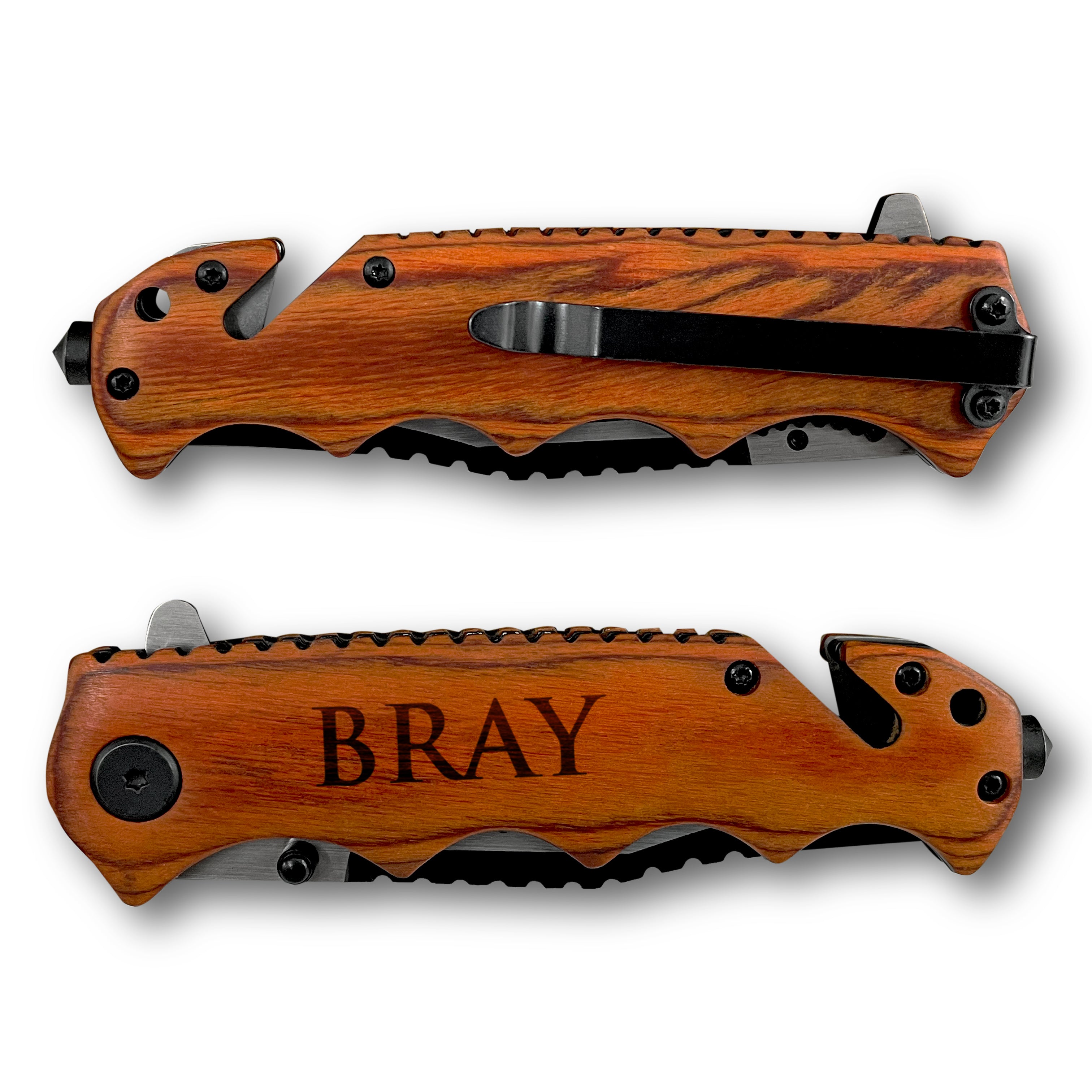 Premium Personalized Knife With Glass Breaker, Seat Belt Cutter Knife, Survival Tactical Knife, wood Finished Handle Personalized Knife, Engraved Knife with Wood Box