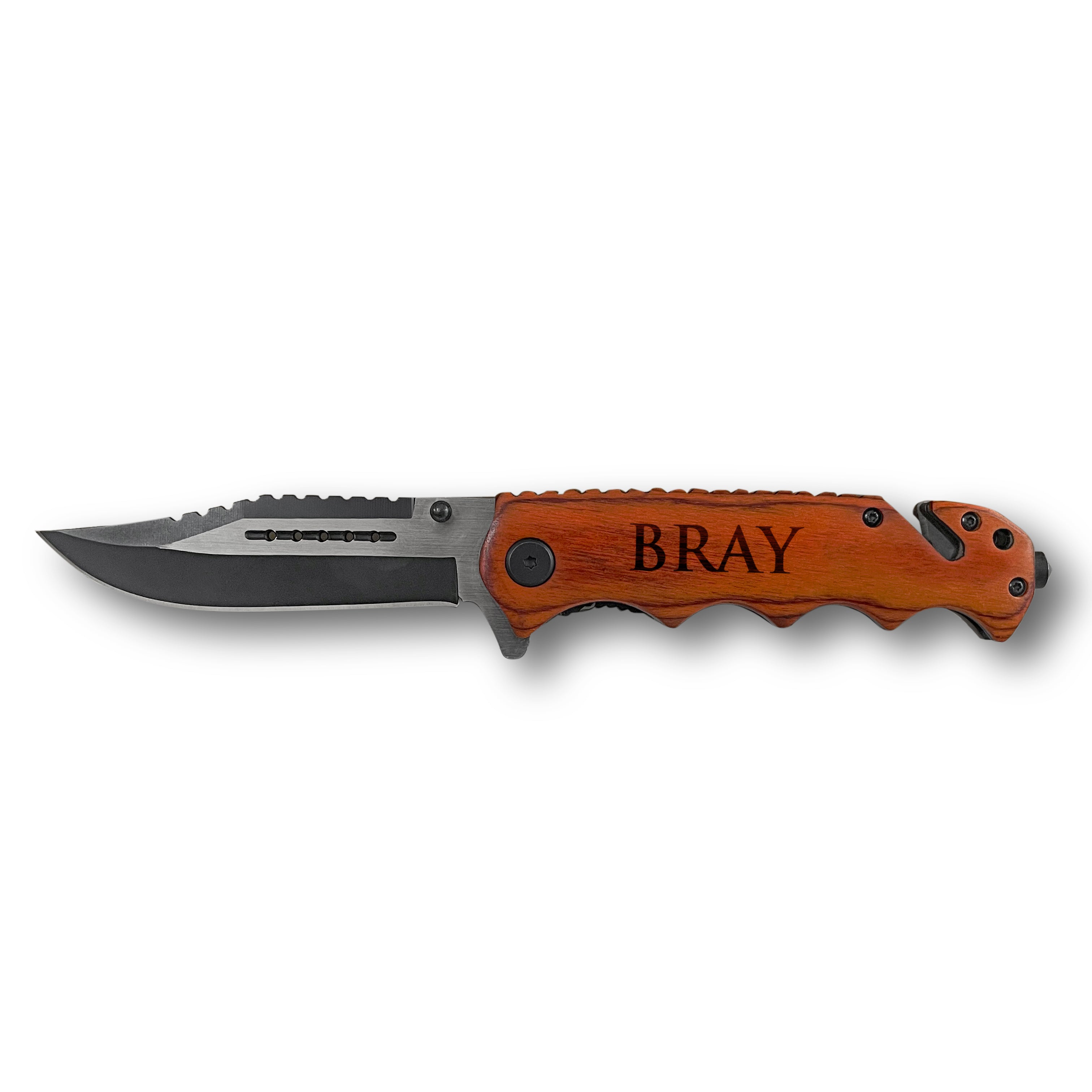 Premium Personalized Knife With Glass Breaker, Seat Belt Cutter Knife, Survival Tactical Knife, wood Finished Handle Personalized Knife, Engraved Knife with Wood Box