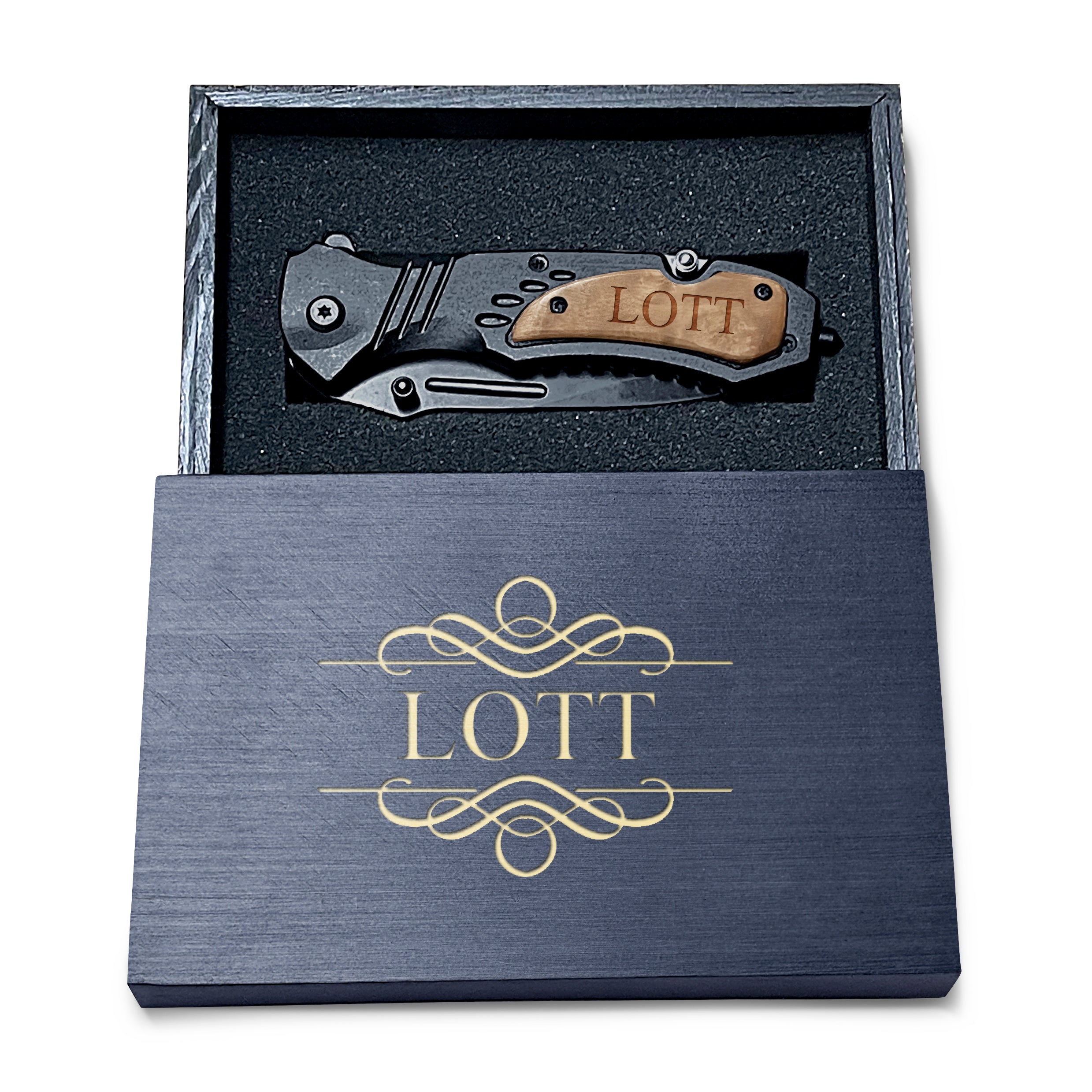Engraved Pocket Knife With Black Color Wooden Box