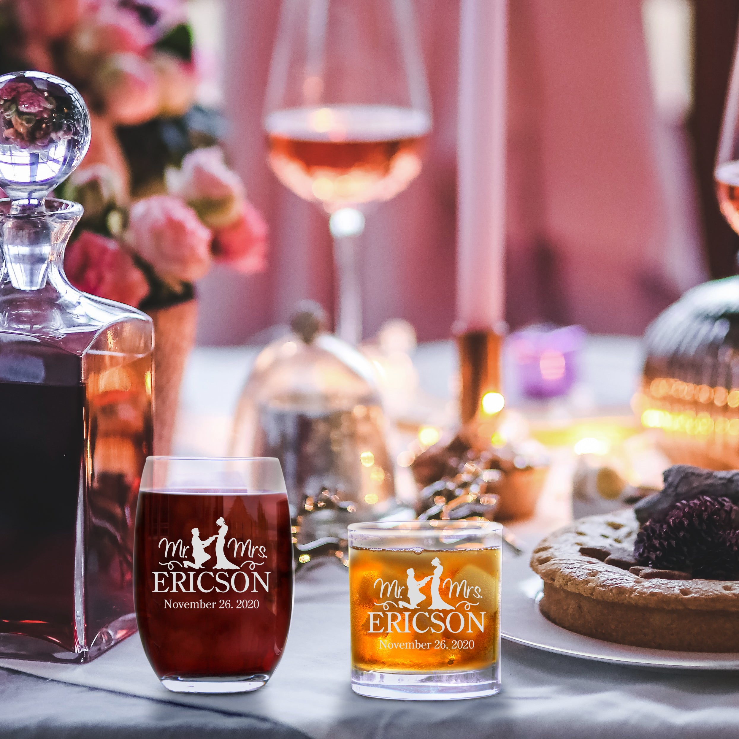 Personalized Gift Set With Custom Text For Wedding Couple, Custom Scotch And Wine Glass Set Of 2, Exclusive Engraved Glassware, Gift For Wedding Couple