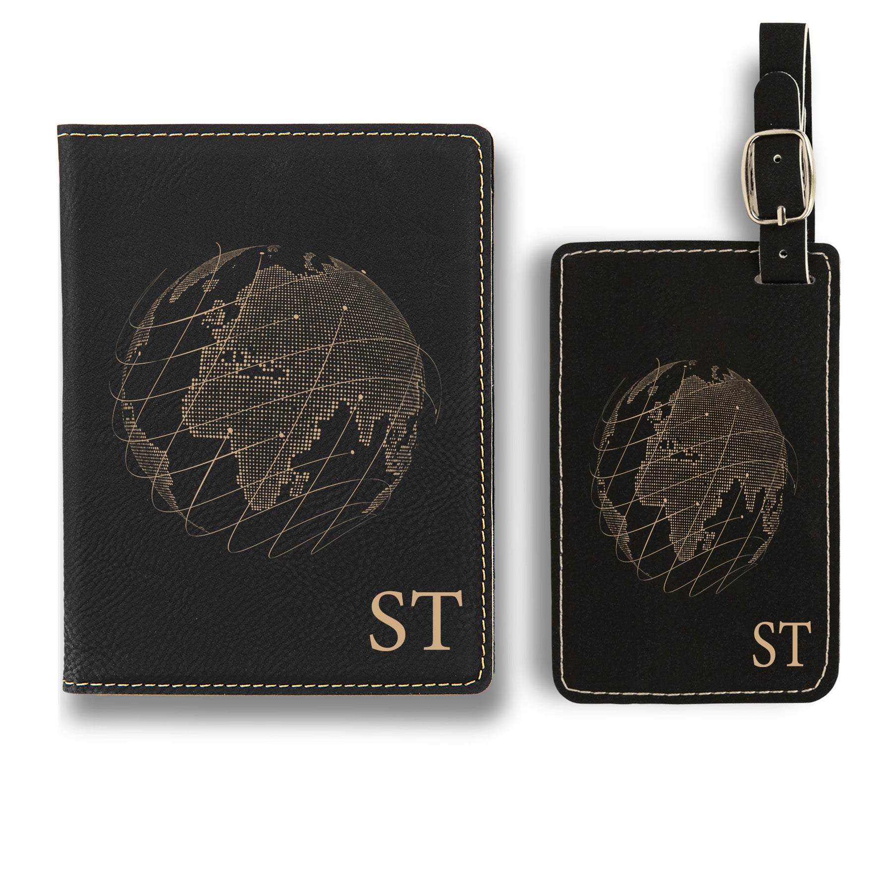 ST Engraved Passport Holder and Luggage Tag, Luxury Leather Luggage Tag and Passport Holder Set, Personalized Card Holder and Luggage Tag with Initials