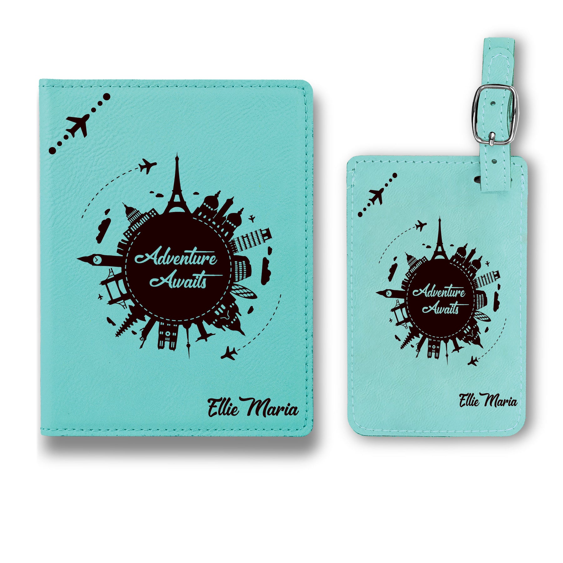 Personalized Passport Cover Set, Engraved Leatherette Passport Set For Men and Women, Custom Travel Passport Case, Adventure Awaits Customized Passport Cover