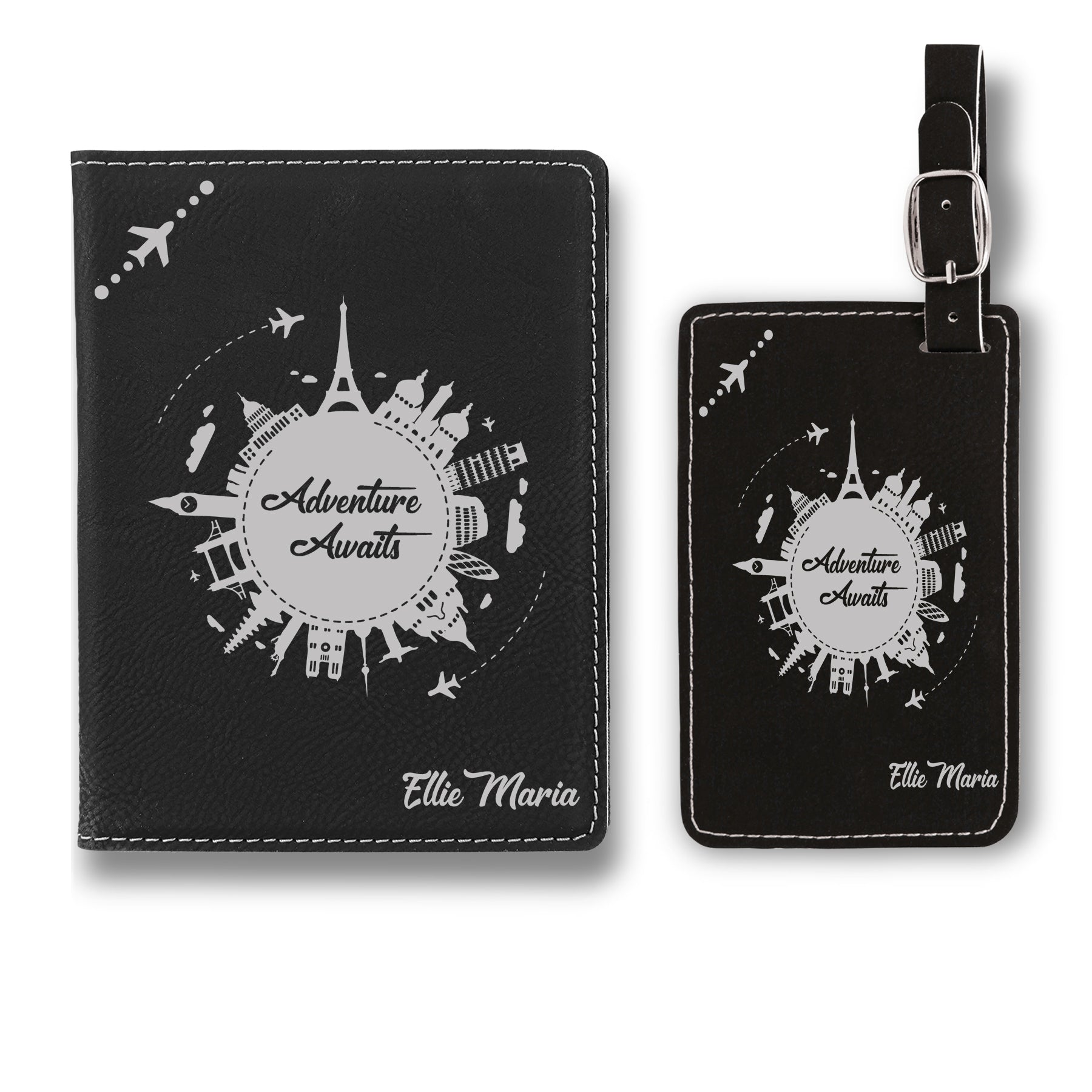 Personalized Passport Cover Set, Engraved Leatherette Passport Set For Men and Women, Custom Travel Passport Case, Adventure Awaits Customized Passport Cover