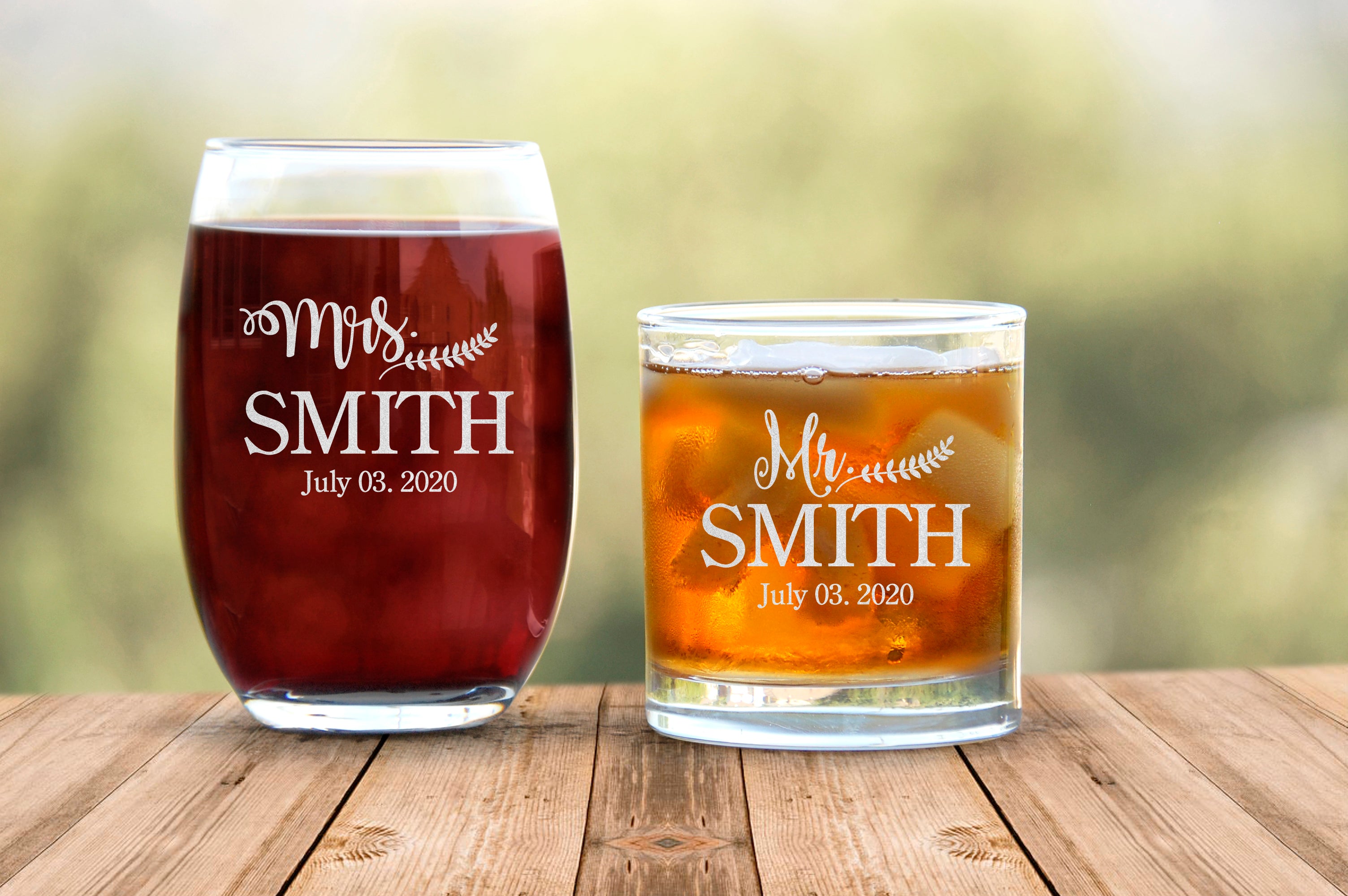 Personalized Set Of 2 Wine And Scotch Glasses, Engraved Glassware, Custom Glasses Perfect For Gift, Round Rocks Drinkware, Stylish Custom Glasses