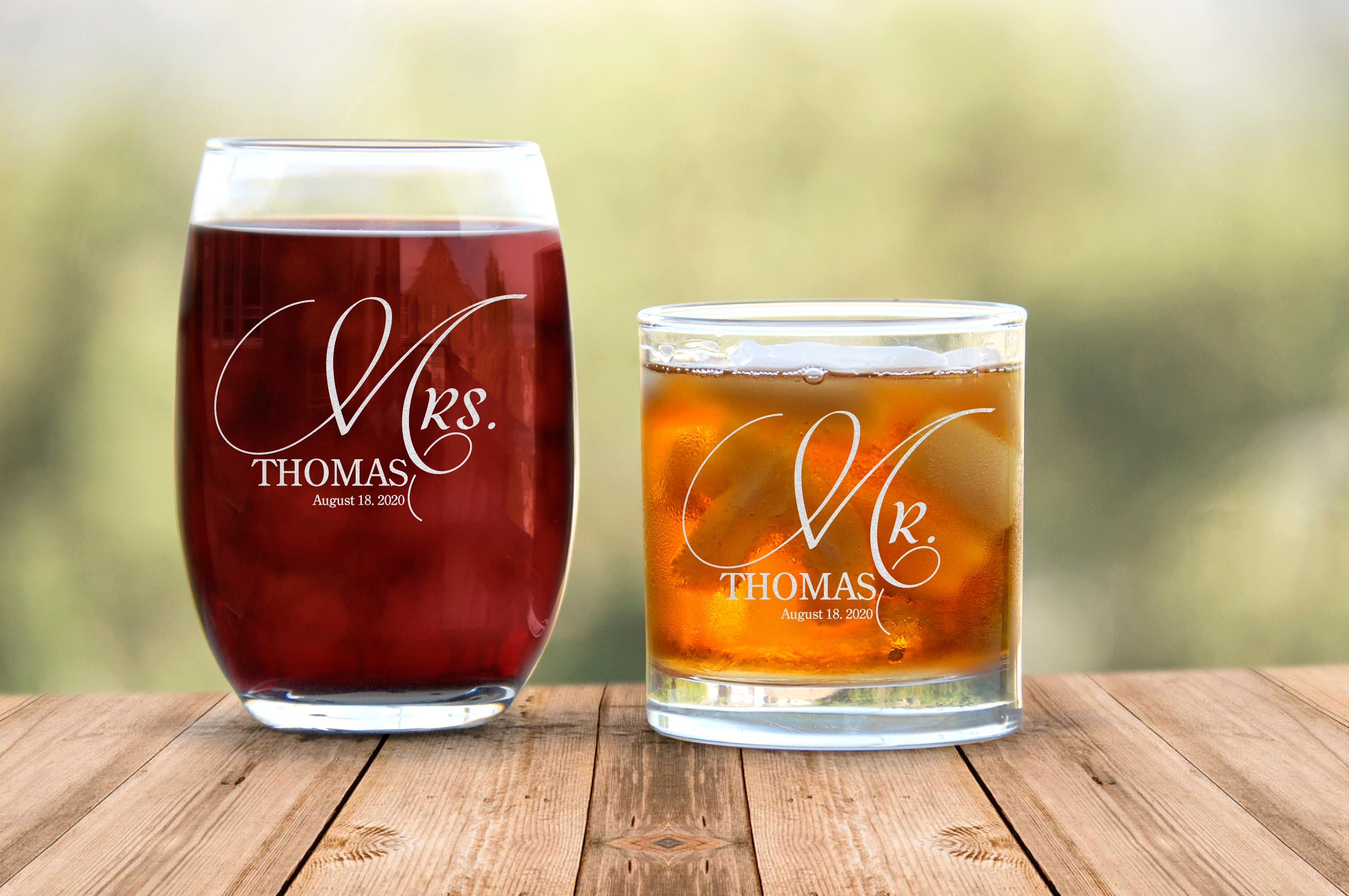 Personalized Wine And Scotch Mr. And Mrs. Glasses Set Of 2, Newly Wedding Gifts, Custom Wine And Scotch Glasses, Steamless Engraved Glassware