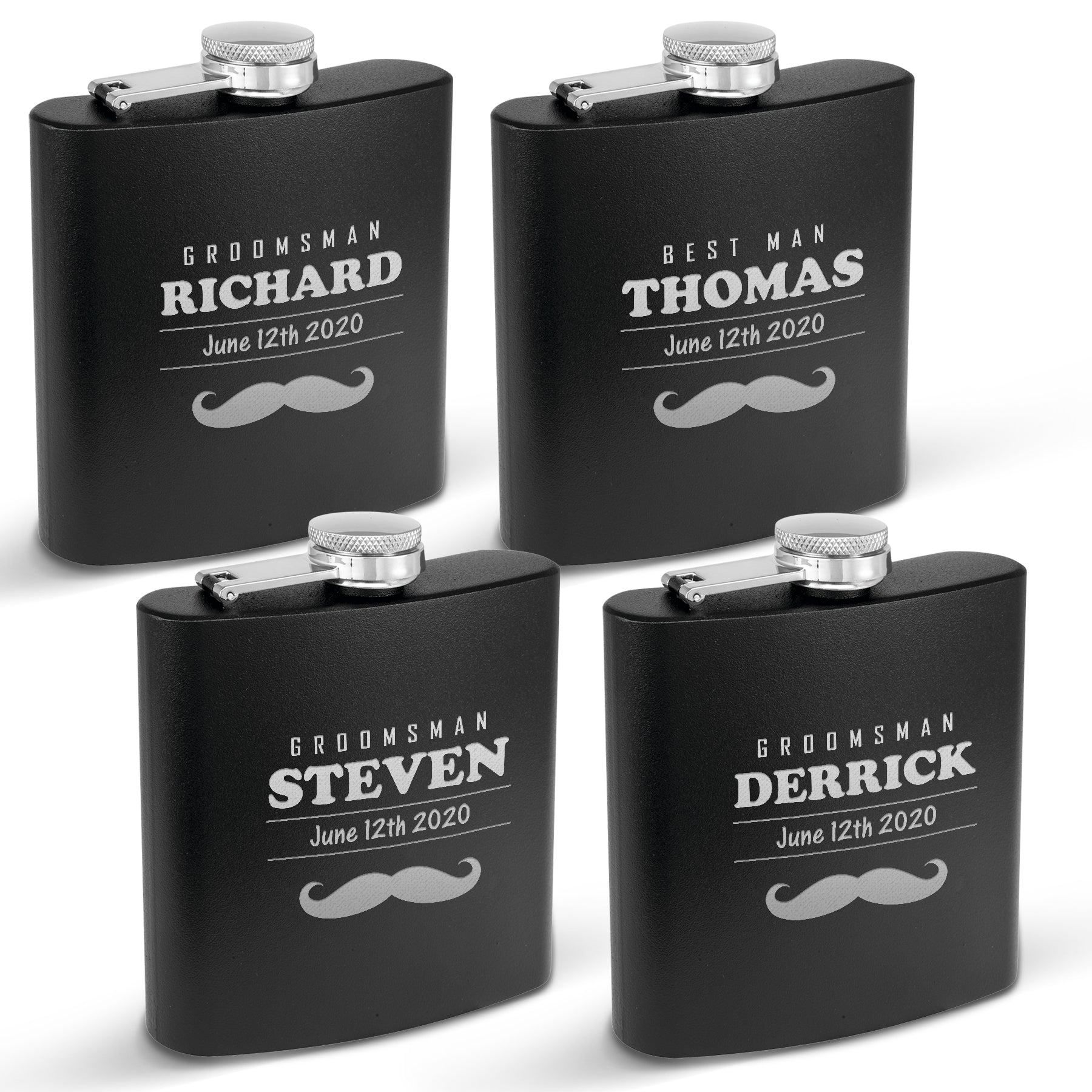 Krezy Case Set of 4 Customized Black Matte Flasks - Groomsmen Gift - Personalized Engraved -Wedding Gift Custom engraved flask
