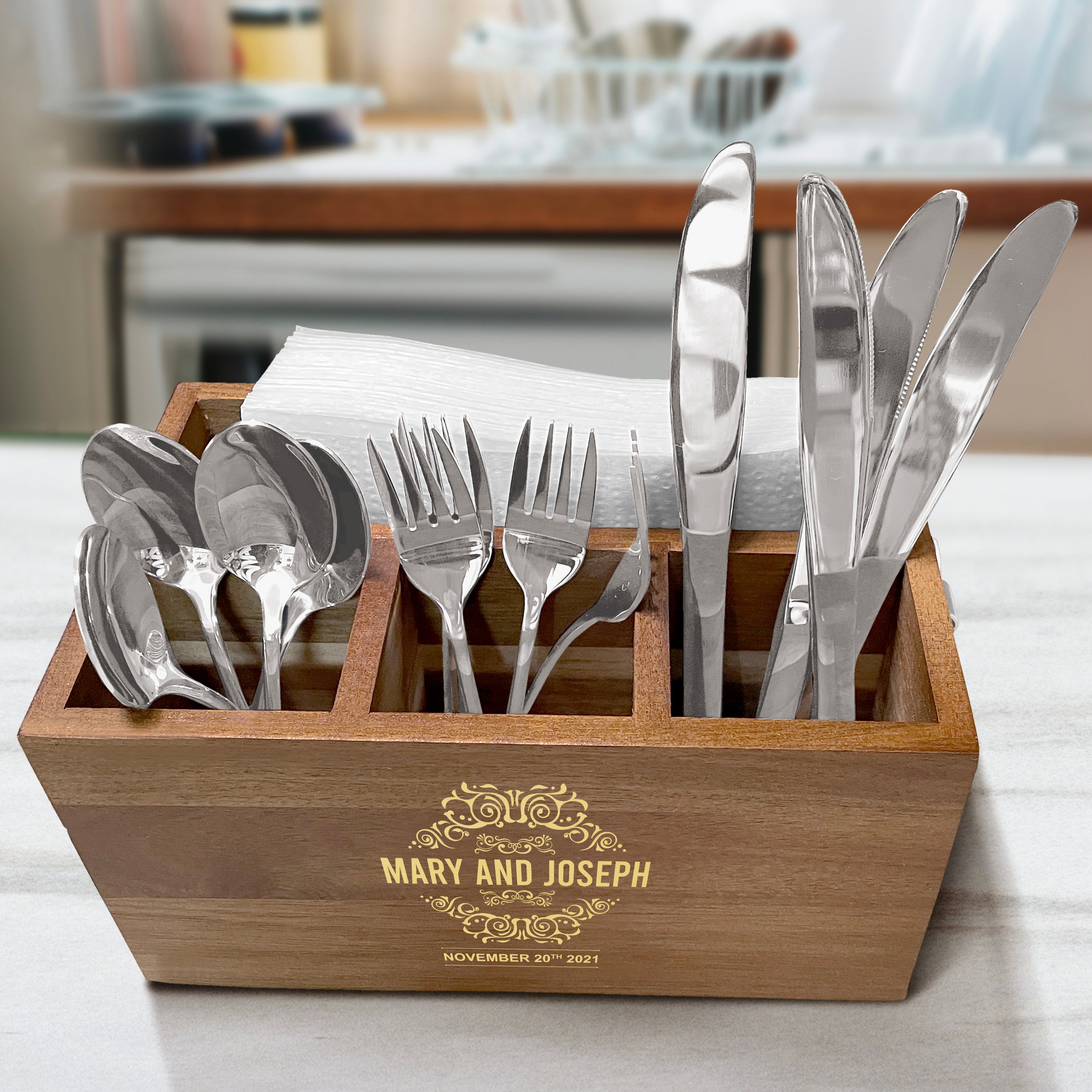 Personalized Party Caddy - Wooden Utensil Storage box - Kitchen Utensil Holder
