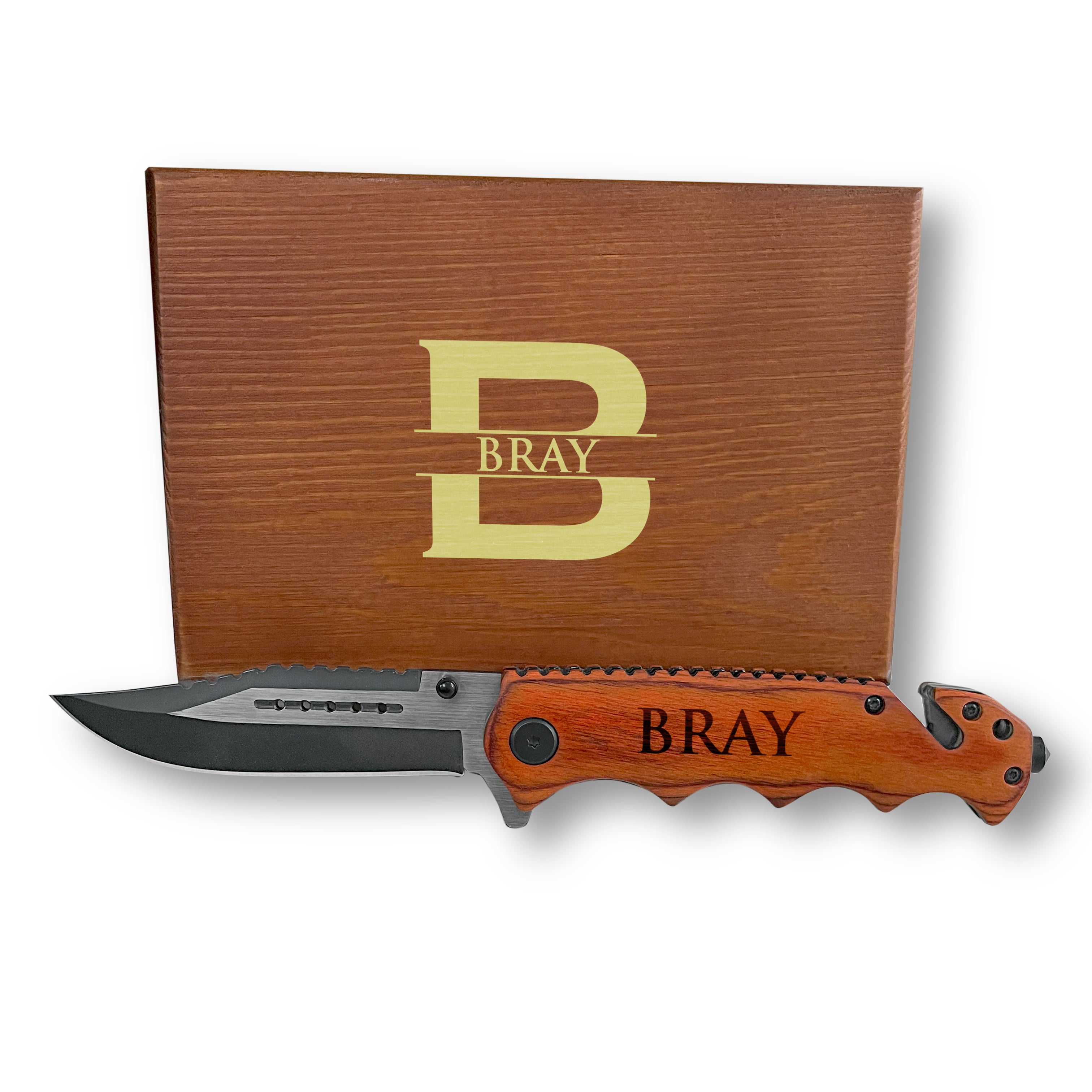 Premium Personalized Knife With Glass Breaker, Seat Belt Cutter Knife, Survival Tactical Knife, wood Finished Handle Personalized Knife, Engraved Knife with Wood Box