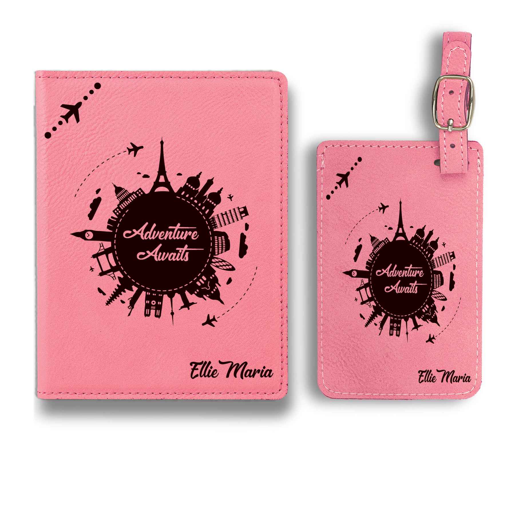 Personalized Passport Cover Set, Engraved Leatherette Passport Set For Men and Women, Custom Travel Passport Case, Adventure Awaits Customized Passport Cover