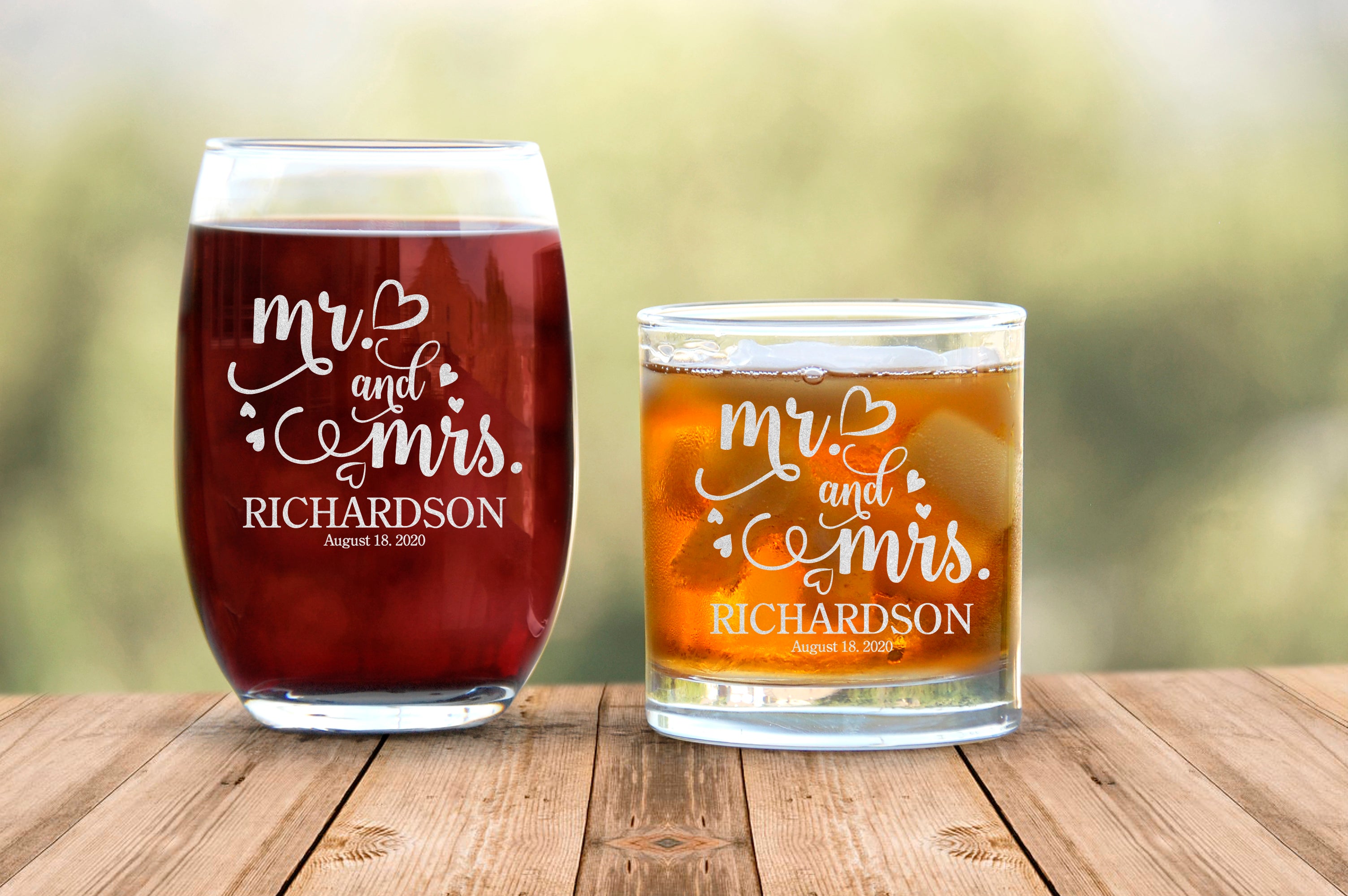 Mrs And Mr Last Name With Flourishing Design Engraved Text With Glasses, Scotch And Wine Custom Glass, Personalized Gift For Wedding Couple
