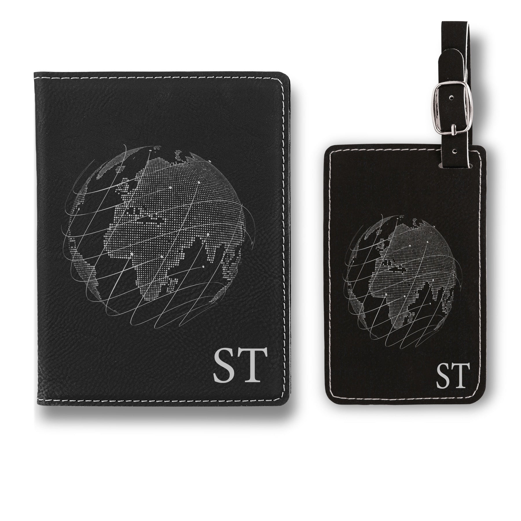 ST Engraved Passport Holder and Luggage Tag, Luxury Leather Luggage Tag and Passport Holder Set, Personalized Card Holder and Luggage Tag with Initials