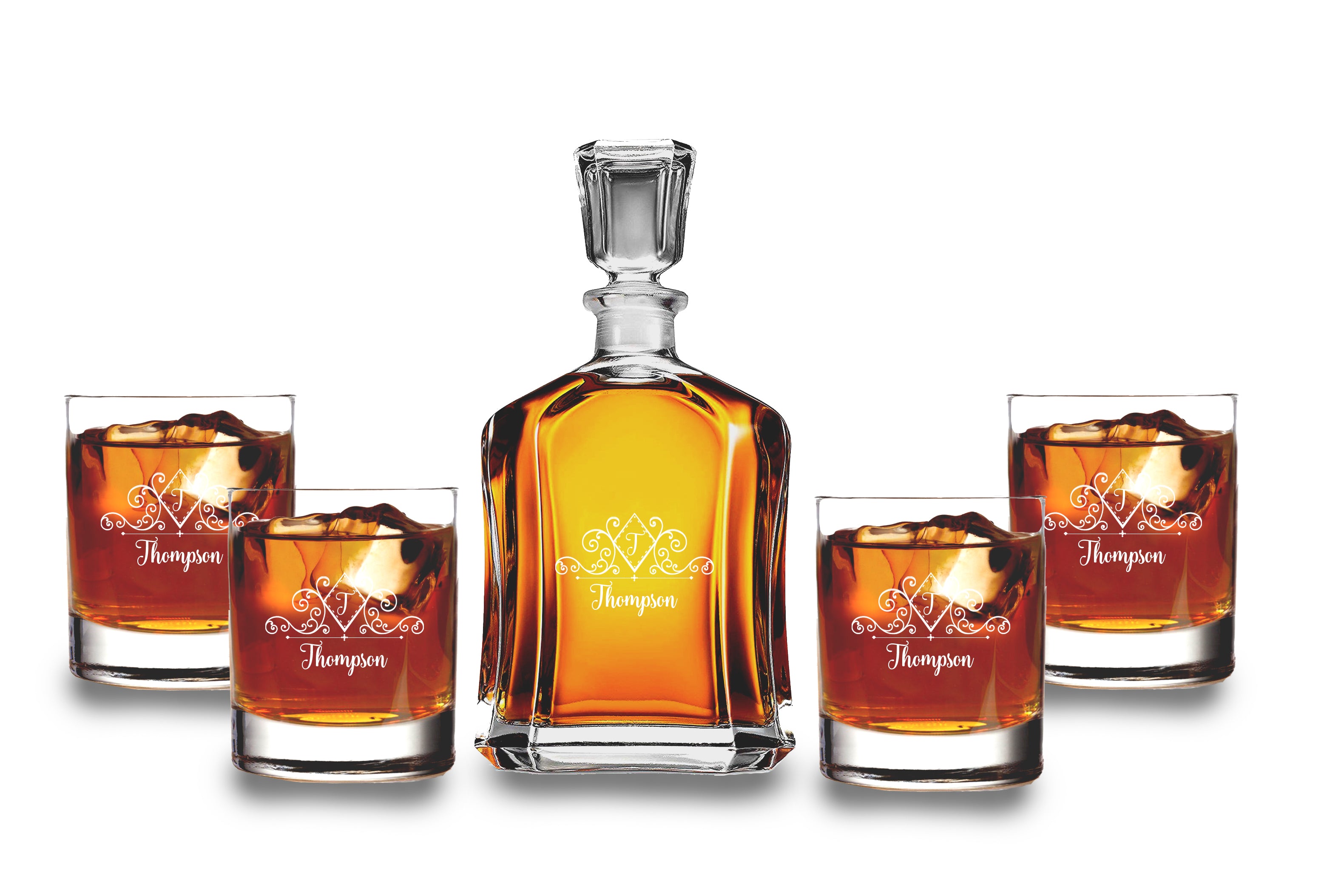 Personalized Bourbon Decanter Set - Monogrammed Gifts- Decanter and 4 Glasses Gift Set - Custom Engraved Monogrammed with initial Design - Wedding Gift
