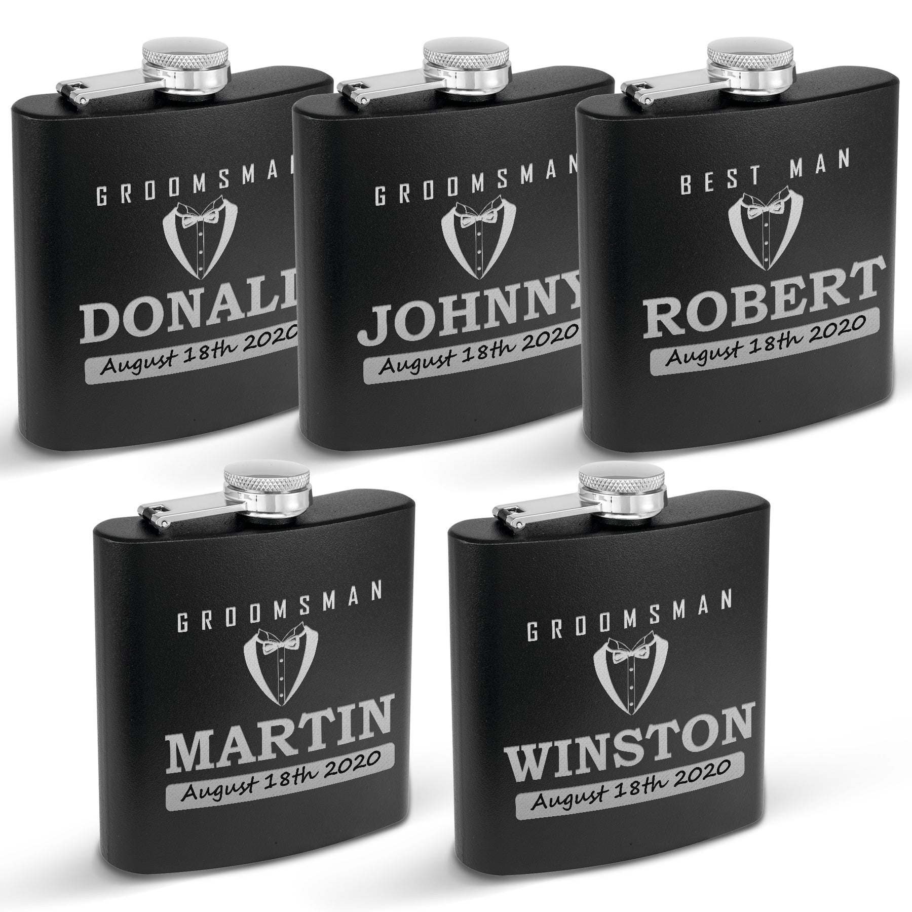 Set of 5 Flask, Groom,Bestman, Groomsman, Bachelor Party Gift, Stainless Steel Hip Black matt , Personalized Flask,Grooms Gifts, Tuxedo Flask