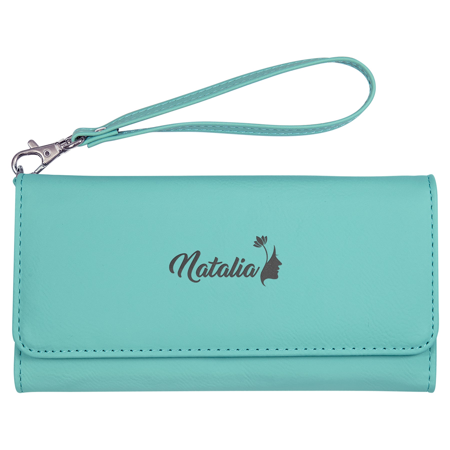 Natalia Personalized Teal Wallet, Custom Wallet For Women, Engraved Ladies Purse With Long Zipper, Best Custom Clutches For Women