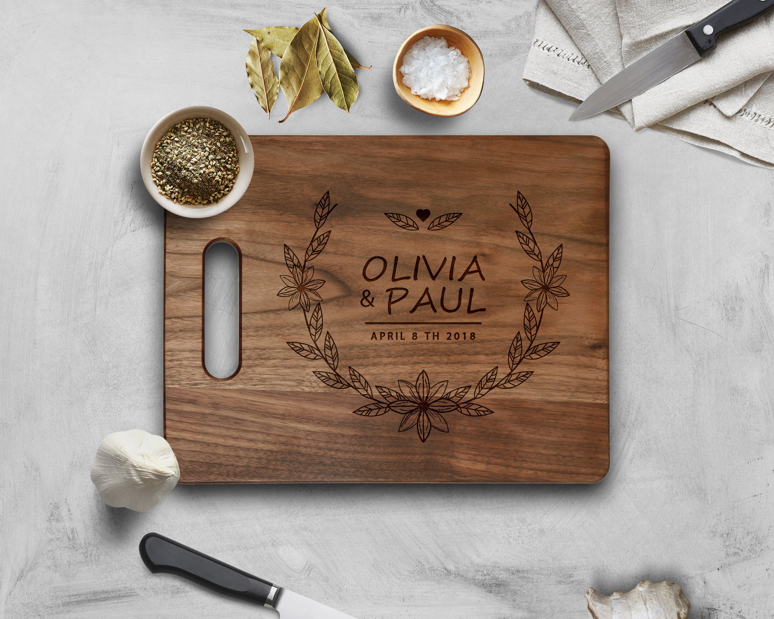 Krezy Case Walnut Cutting Board Personalized Walnut Chopping Wedding Anniversary Gift Groom And Bride's Name engraved, 11.5x8.75 inch size