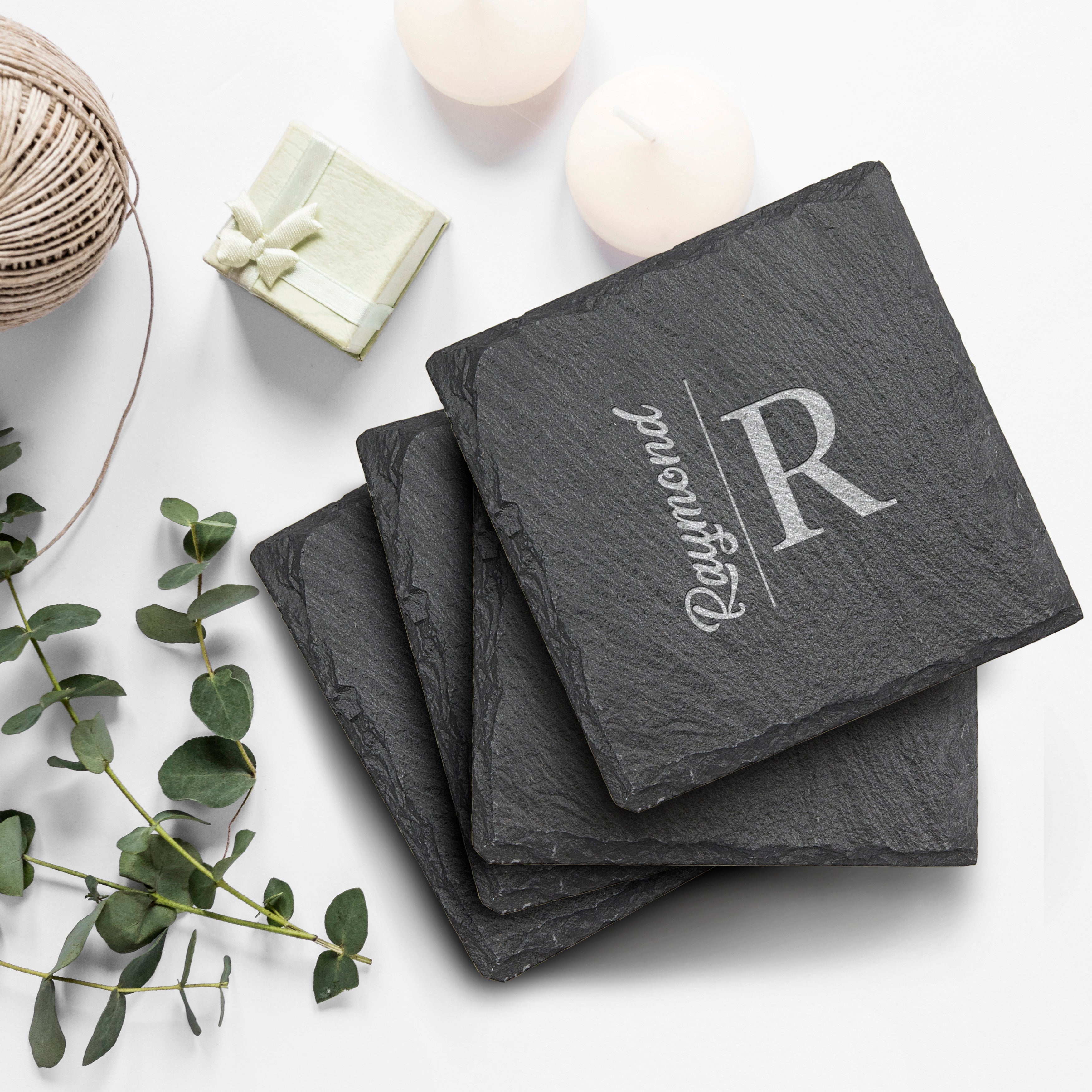 Raymond Design Initial Text Custom Coasters, Customized Set Of 4 Slate Coasters, Perfect Housewarming Gift, Slate Coasters, Customized Coasters For Gift