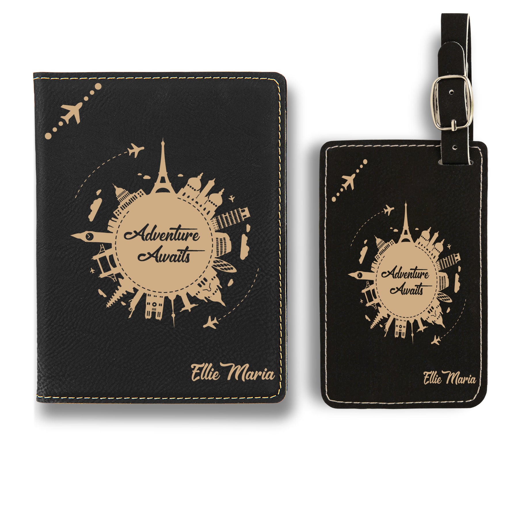 Personalized Passport Cover Set, Engraved Leatherette Passport Set For Men and Women, Custom Travel Passport Case, Adventure Awaits Customized Passport Cover