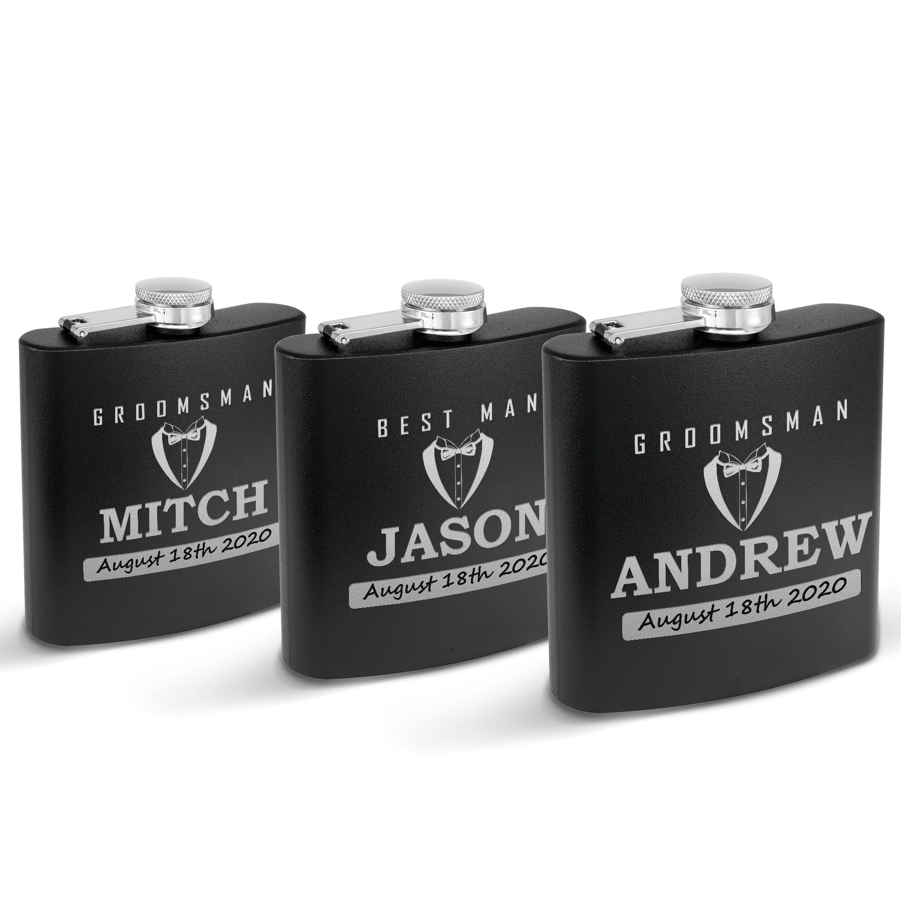 Set of 3 Flask, Groom,Bestman, Groomsman, Stainless Steel Hip Black matt , Personalized Flask,Grooms Gifts ,Tuxedo Flask