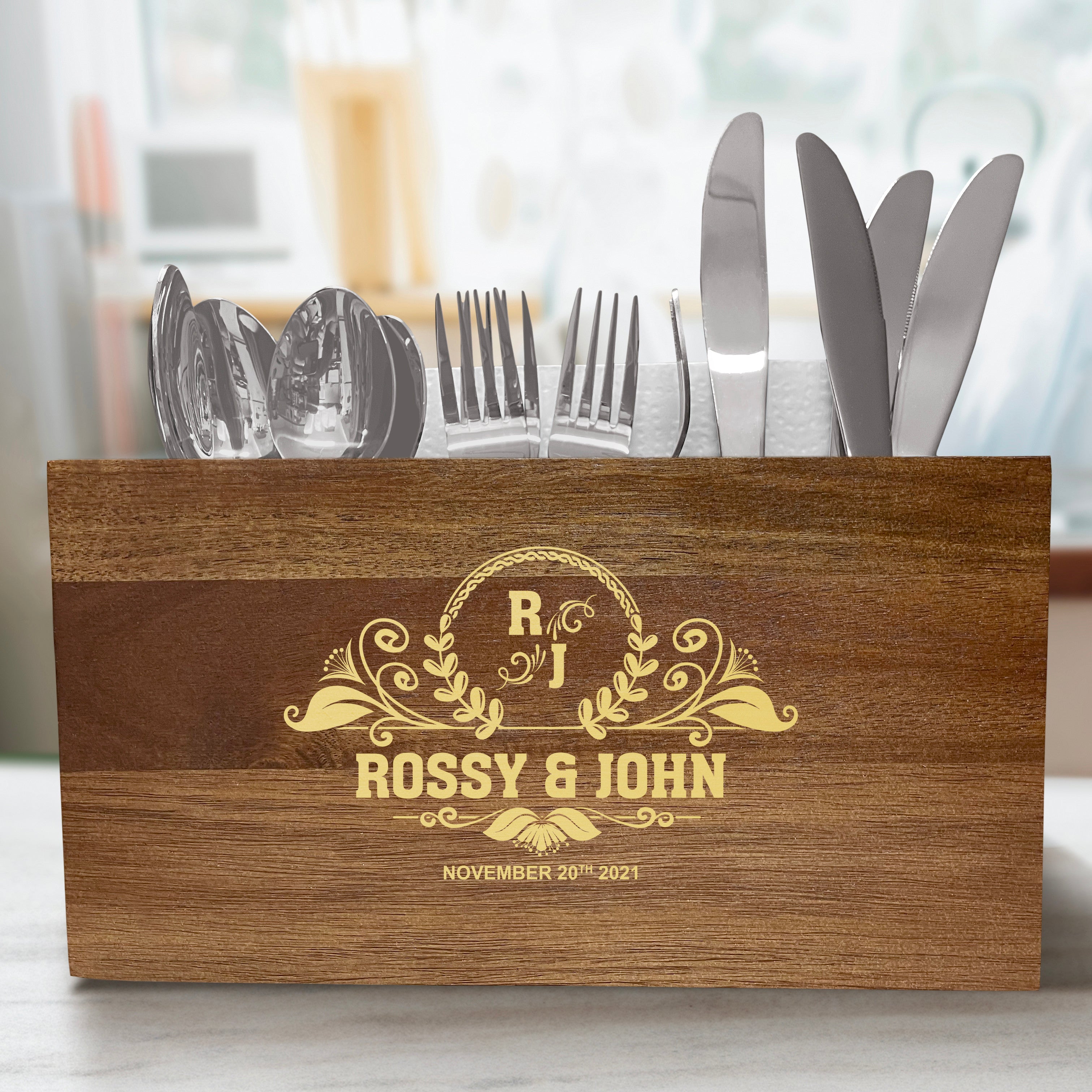 Personalized Vintage Caddy - Wooden Utensil Crock - Kitchen Utensil Holder