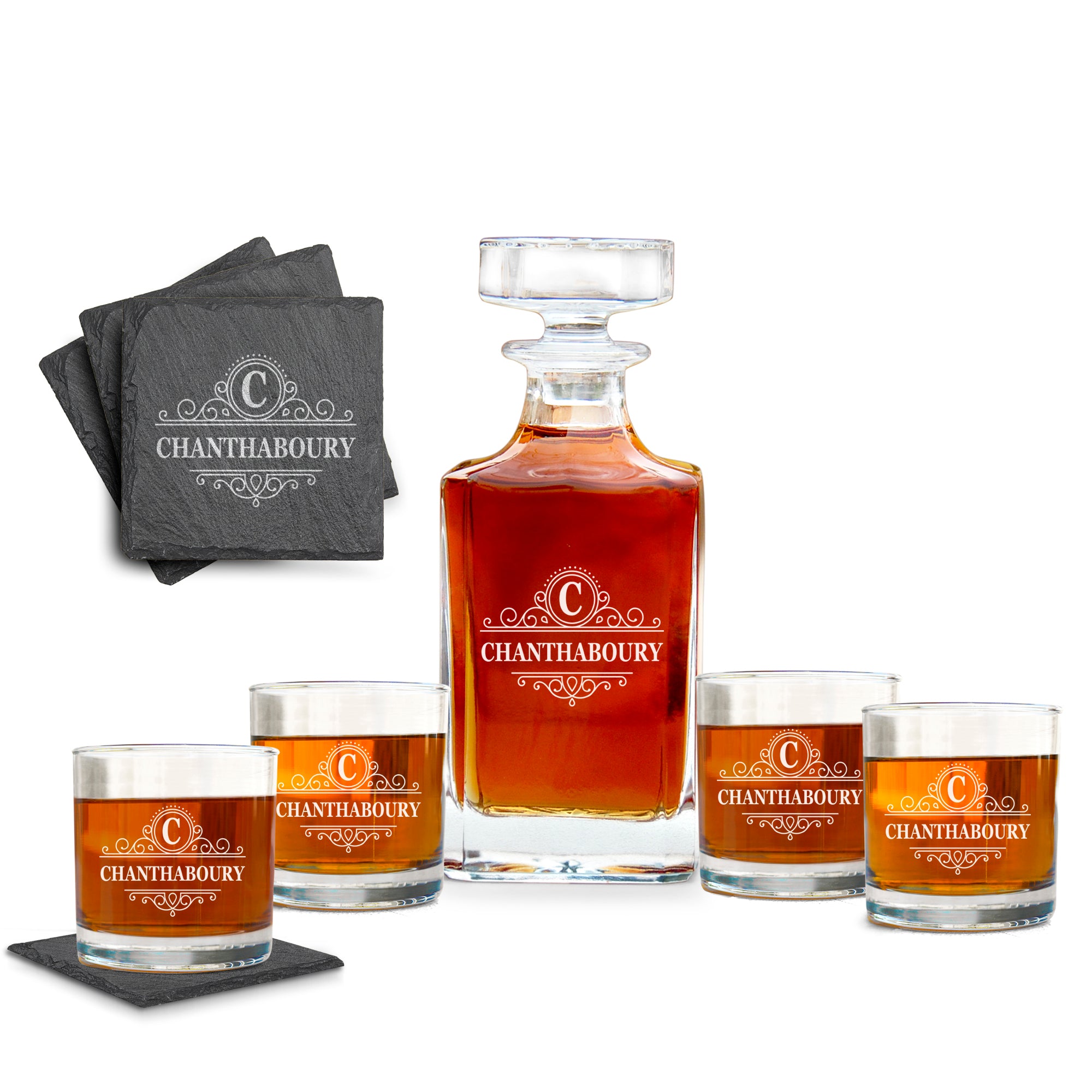 Decanter Set With 4 Liquor Glasses Includes Coasters, Decanter Set, Whiskey Decanter Set With Traditional Glasses, customized Decanter Set For Men