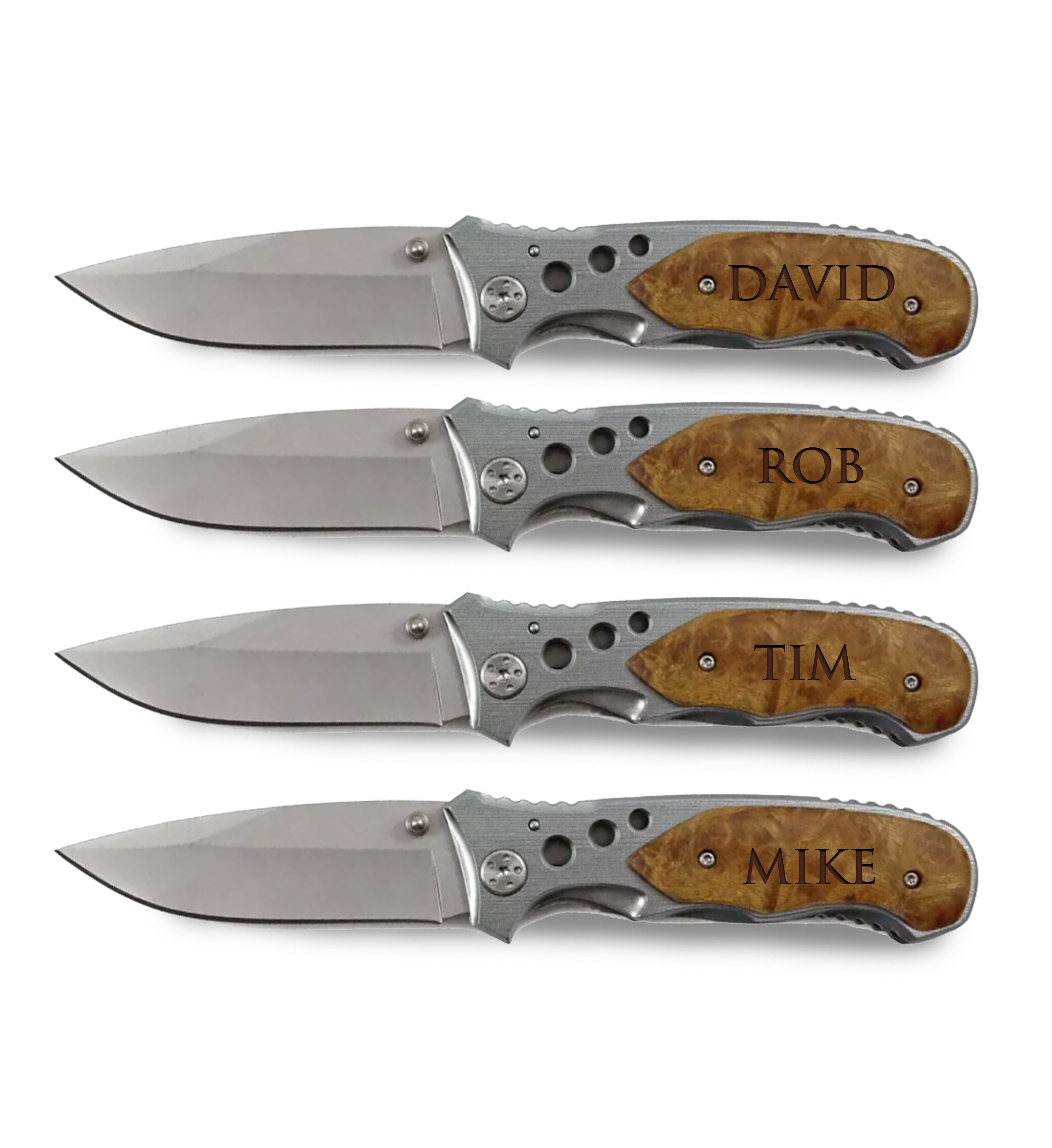 Personalized Pocket Knife with wood box set of 4, Pocket Knife For Hiking, Engraved Pocket Knife With Wood Handle And Box, Customized camping Knife for groomsmen