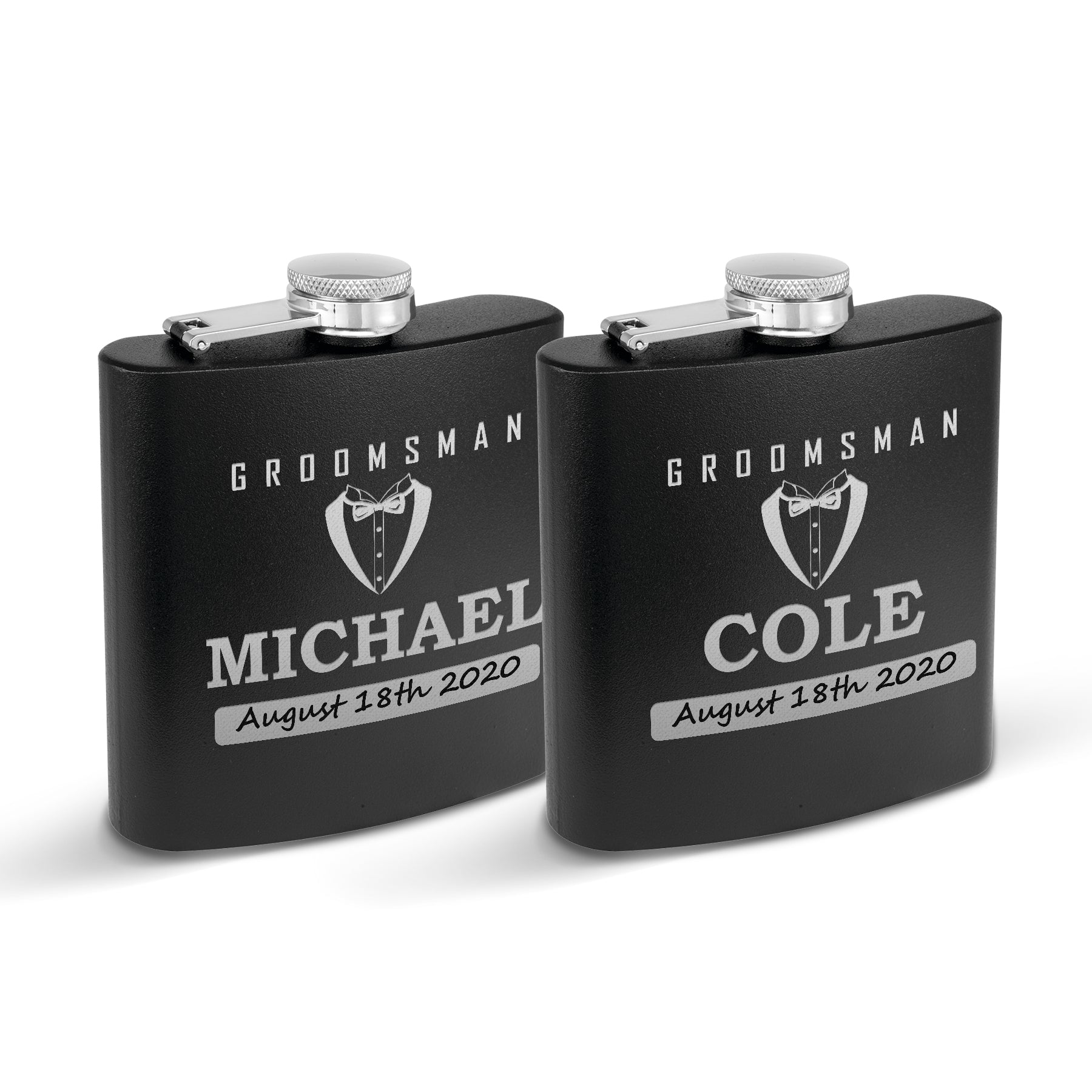 Set of 2 Flask, Groom,Bestman, Groomsman, Bachelor Party Gift, Stainless Steel Hip Black matt , Personalized Flask,Grooms Gifts,Tuxedo Flask