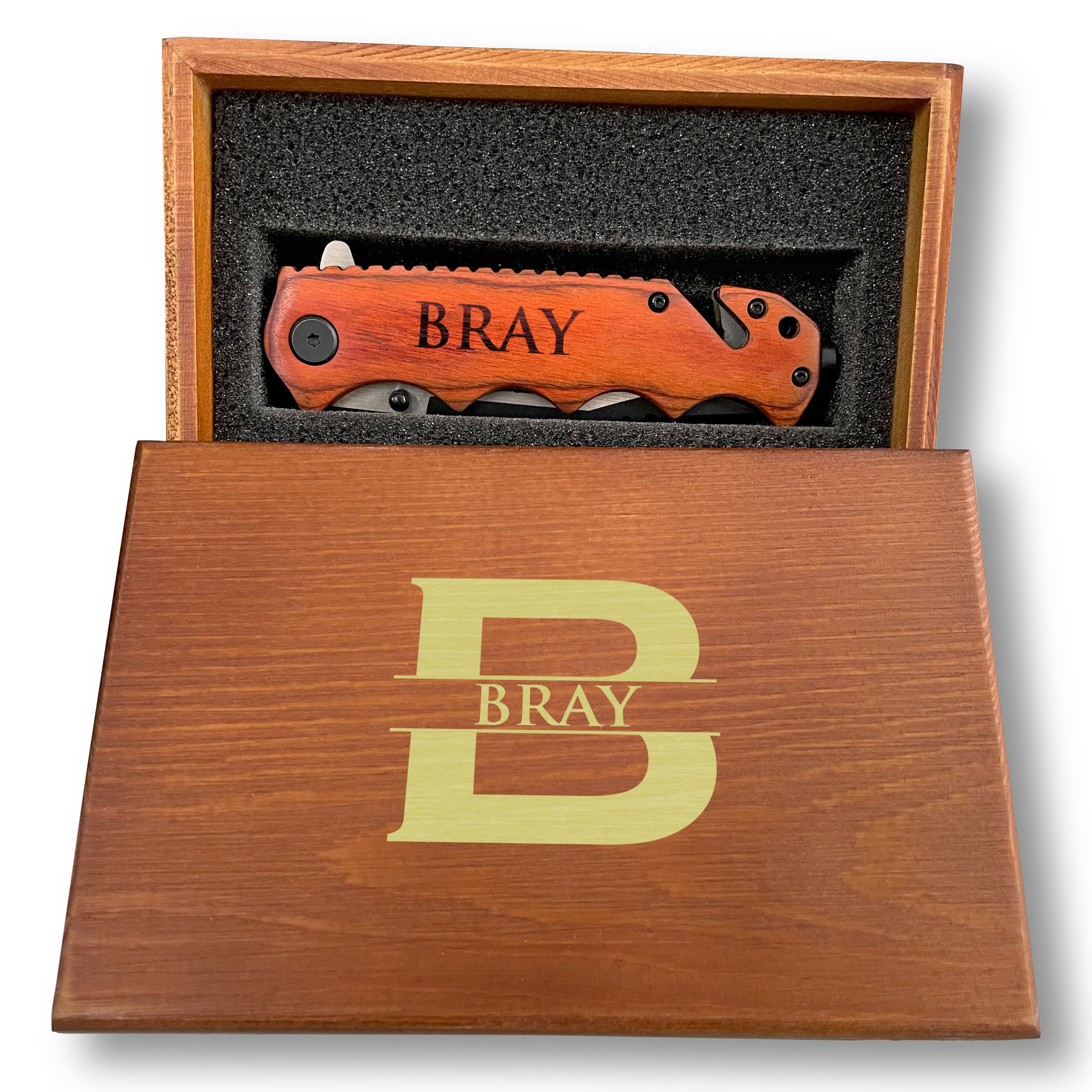 Premium Personalized Knife With Glass Breaker, Seat Belt Cutter Knife, Survival Tactical Knife, wood Finished Handle Personalized Knife, Engraved Knife with Wood Box