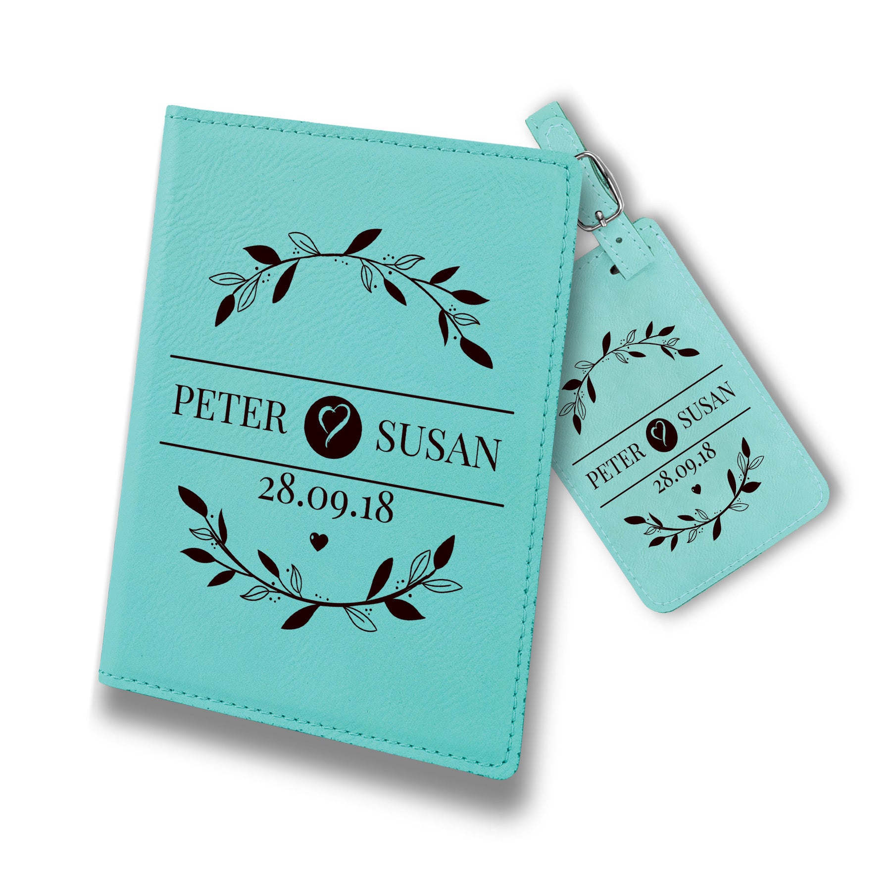 Personalized Luggage Tag, Leaf Design Passport Holder and Luggage Tag, Engraved Travel Accessories, Custom Tags, Personalized Passport Holder Set