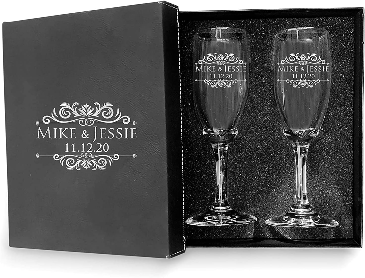 Bride Groom Names Engraved Set of 2 Glasses With Box, Customized Wedding Toast Champagne Flute Set with Box, Wedding Toasting Glasses - Personalized Flutes