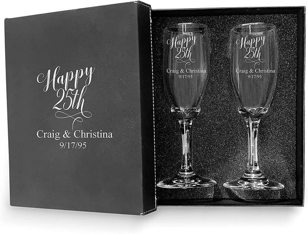 25th Anniversary Couple Champagne glasses with Black box, Perfect Anniversary Flutes,Bridal shower Flutes, Wedding party, Bachelorette Party,Anniversary Flutes