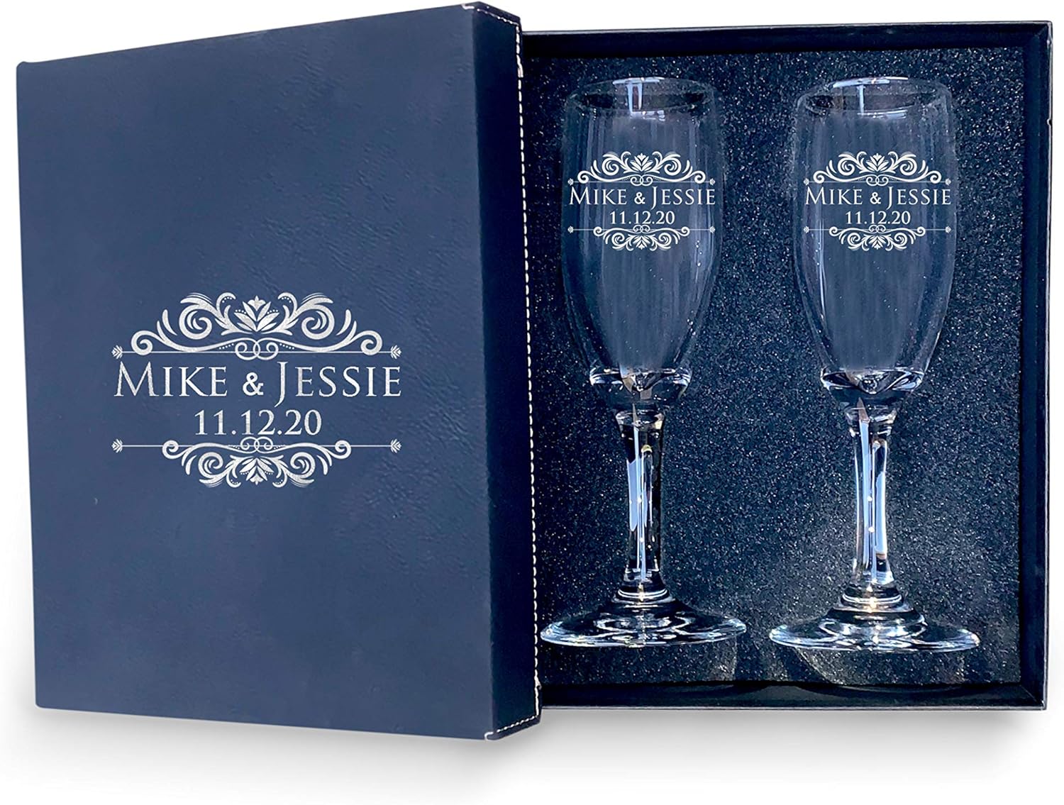 Bride Groom Names Engraved Set of 2 Glasses With Box, Customized Wedding Toast Champagne Flute Set with Box, Wedding Toasting Glasses - Personalized Flutes