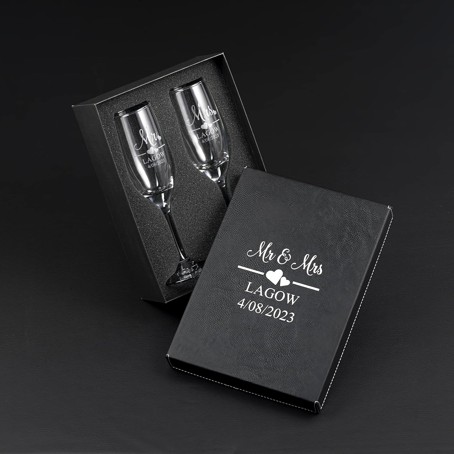 Mr and Mrs Wedding Toasting Champagne Flutes with Box, Set of 2 Glasses With Black Box, Laser engraved Tosting Flutes Engraved Personalized Glasses for Bride and Groom