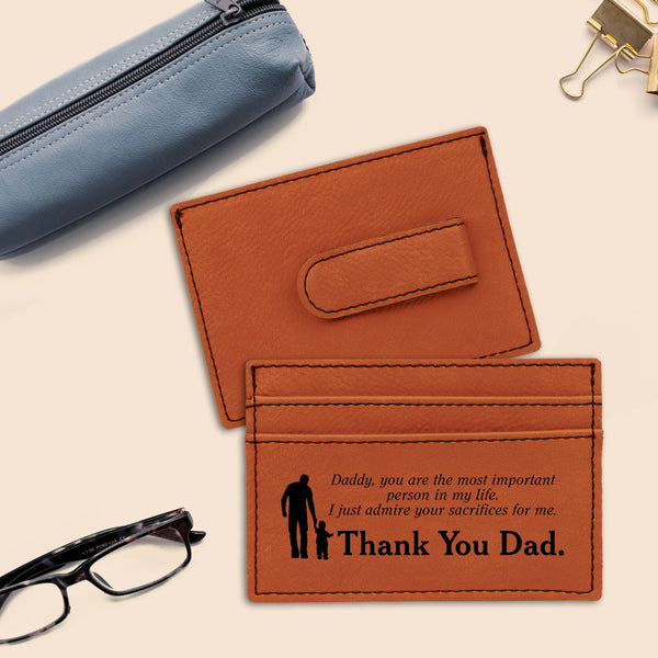 Thank You Quote Money Clip, Present For Men, Slim Wallet With Clean Design, Best Wallet To Dad, Brown Custom Card Holder For Men, Simple Money Clip With Thumb Slots