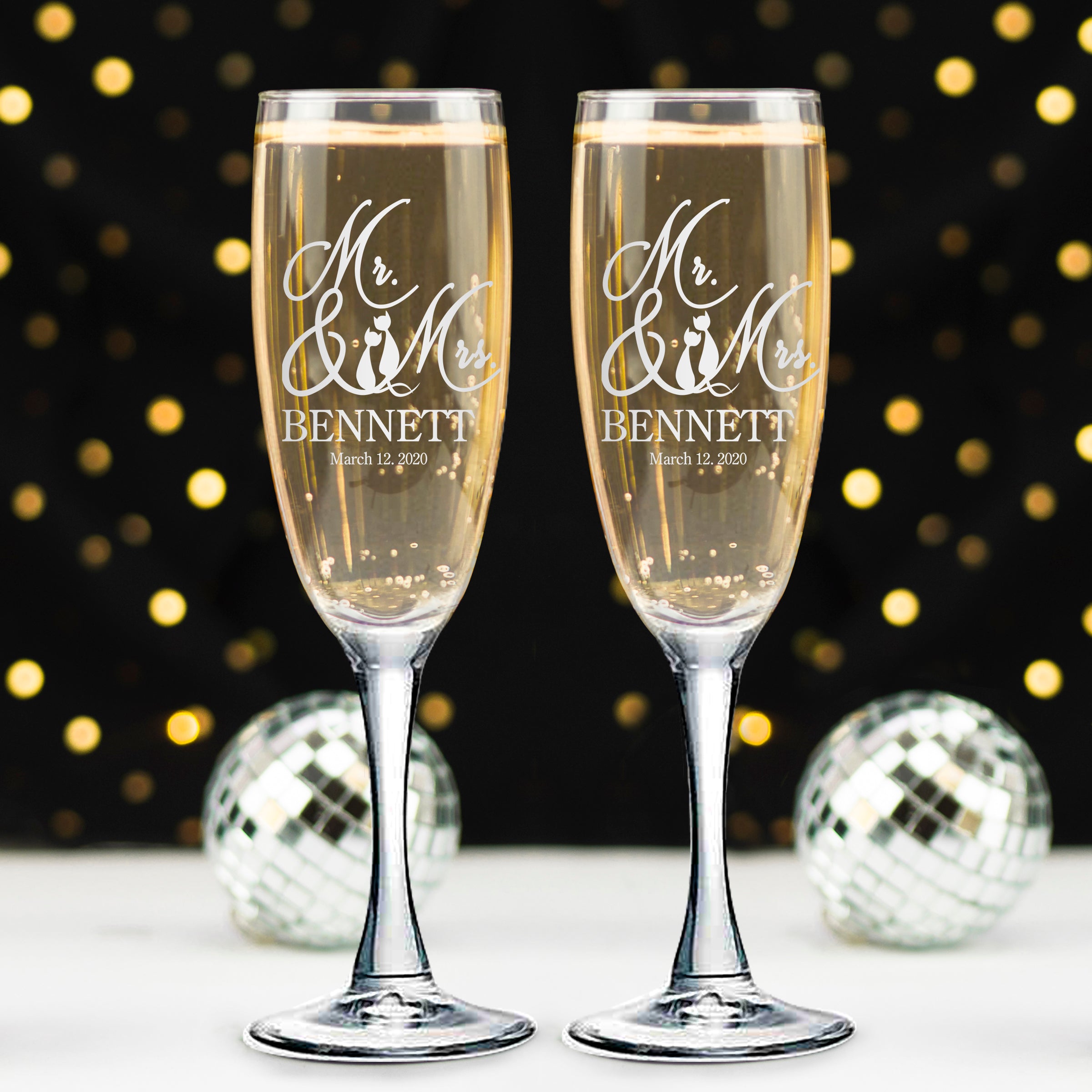 Champagne flutes glass Set of 2, Hand Blown Personalized Wedding