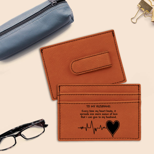 Personalize Leather Money Clip, Heart Engraved Design Money Clip, Money Clip For Husband, Mens Leather Wallet Present For Anniversary