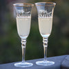 Elegant Set of 2 Personalized Wedding Gold Rim Champagne Flutes- Mr. & Mrs. Design - Engraved Flutes