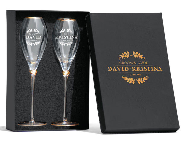 wedding champagne flutes - engraved custom glass - Bride & Groom's Wedding Toast – Gold Rim Flare Glasses