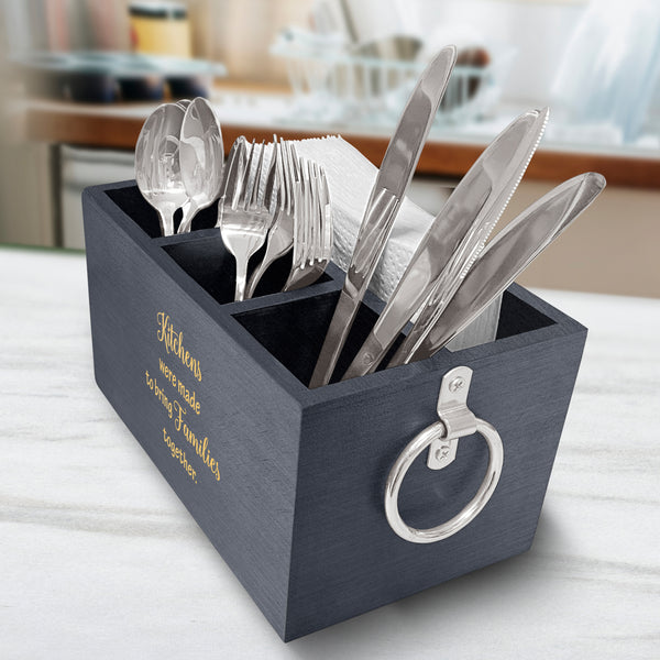 Trendy Countertop Caddy, Family Quote Engraved Utensil Organizer, Wooden Utensil Organizer Box For Kitchen, Kitchen Utensil Organizer Box