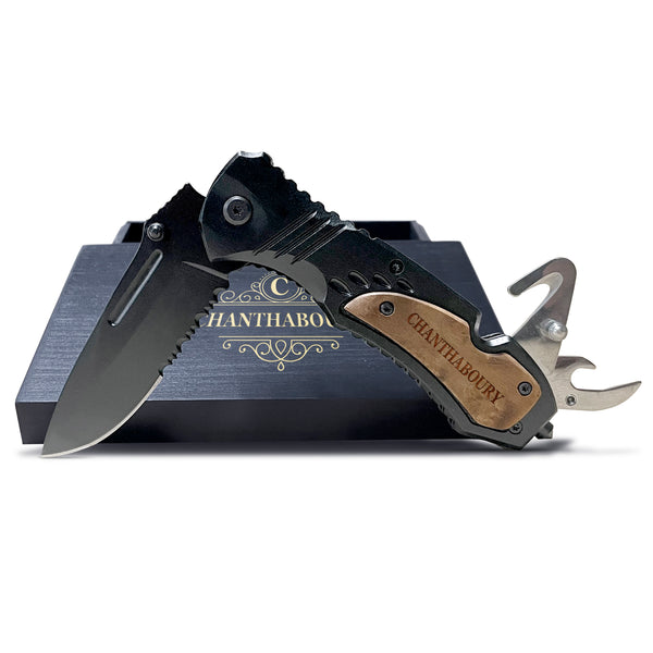 Laser Engraved Pocket Knife with keepsake wooden box For Men, Personalized Stainless steel Blade Pocket Knife, Folding Pocket Knife For Men, Camping Pocket Knife