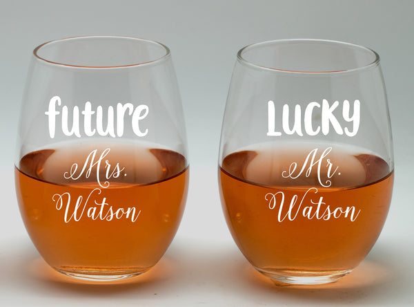 Lucky Mr and Future Mrs. wine glass set,20oz Etched Stemless Wine Glasses for Couples, Perfect Engagement gift,Bridal shower gift, Wedding party, achelorette Party