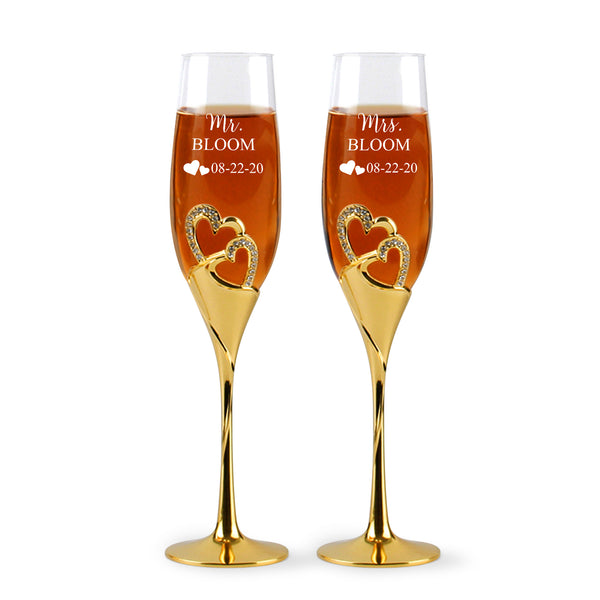 Professional Customized Heart Set of 2 Champagne Flutes with Box, Wedding Glasses For Bride And Groom, Engraved Wedding Flutes, Custom Champagne Flutes