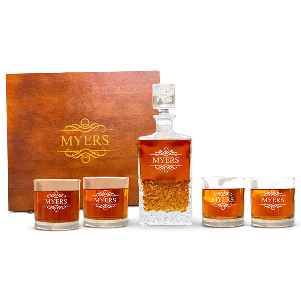 Decanter Set For Men, 4 Whiskey Glasses, Decanter And Wooden Box Set, Decanter Set, Customized Whiskey Decanter Set, Personalized Decanter Set With Glasses