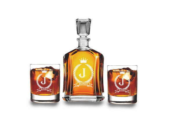 Krezy Case Customized Whiskey Decanter Set - Monogrammed Gifts- Decanter and 2 Glasses Gift Set - Custom Engraved Monogrammed - Wedding Gift, 100% Lead Free