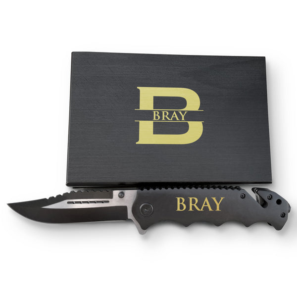 Premium Personalized Knife With Glass Breaker, Seat Belt Cutter Knife, Survival Tactical Knife, Black Finished Handle Personalized Knife, Engraved Knife with Wood Box