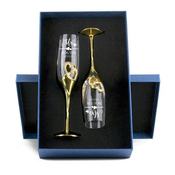 Unique Design Champagne Flutes For Bride and Groom, Customized Heart Decoration Champagne Flutes, Toasting Cups Sets For Couples, Champagne Flutes