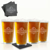 Pack of 4 Personalized Beer Glass Set w/ Slate Drink Coasters, Slate Coasters Square, Laser Engraved Coaster Set, Engraved Beer Glasses, Customized Beer Glasses for Men and Women